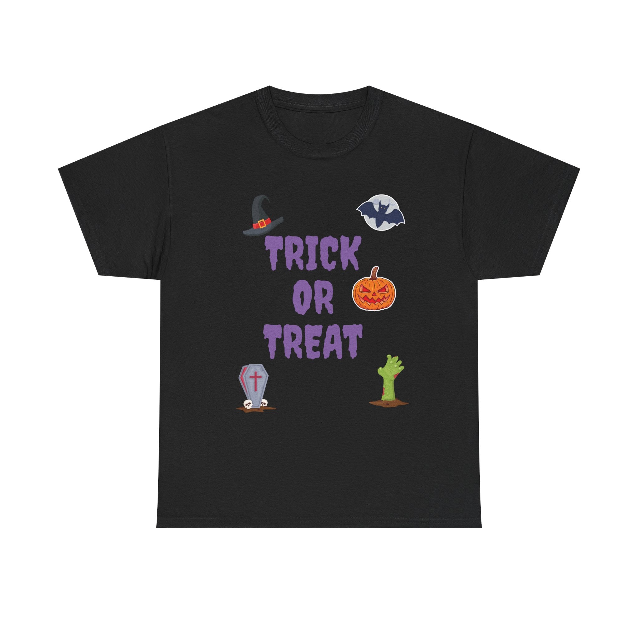 Trick or Treat Unisex Heavy Cotton Tee White & Black (Purple Letters)