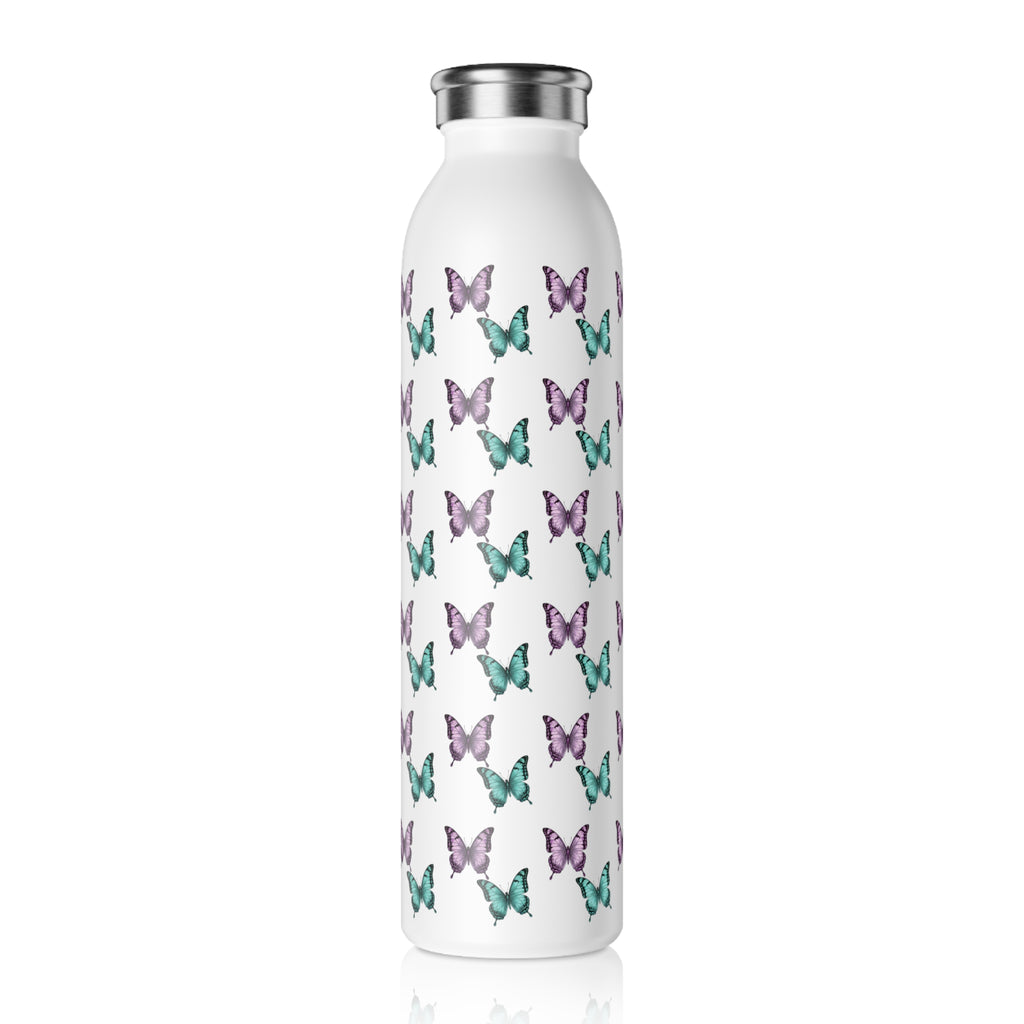 Butterfly Pattern Slim Water Bottle — Purple & Turquoise Reusable Bottle
