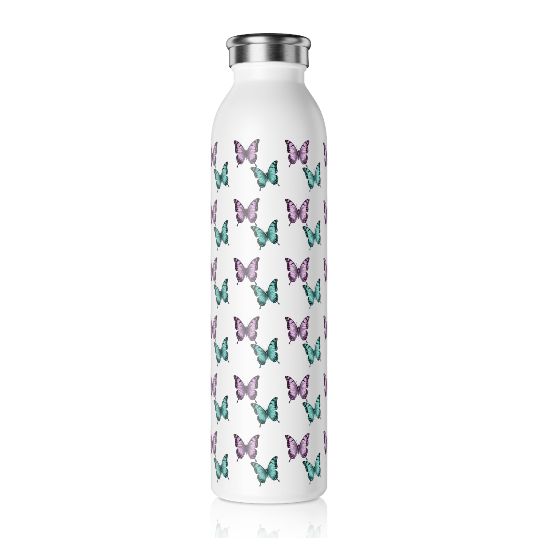 Butterfly Pattern Slim Water Bottle — Purple & Turquoise Reusable Bottle