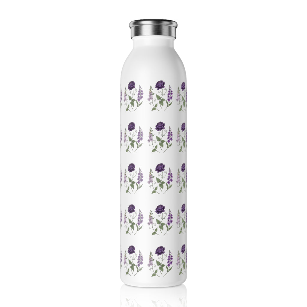 Purple Flowers Slim Water Bottle — Vintage Floral Pattern Insulated Bottle