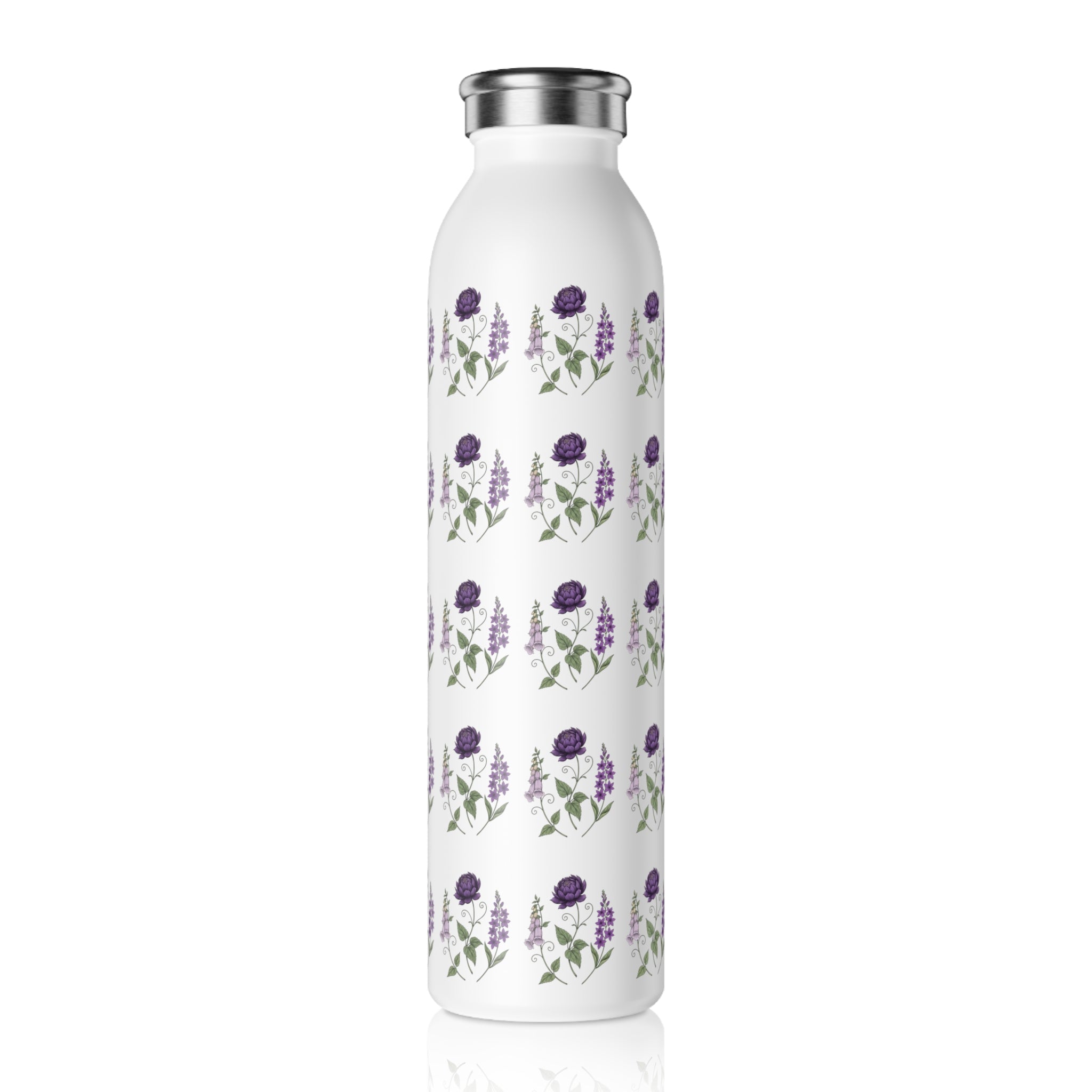 Purple Flowers Slim Water Bottle — Vintage Floral Pattern Insulated Bottle