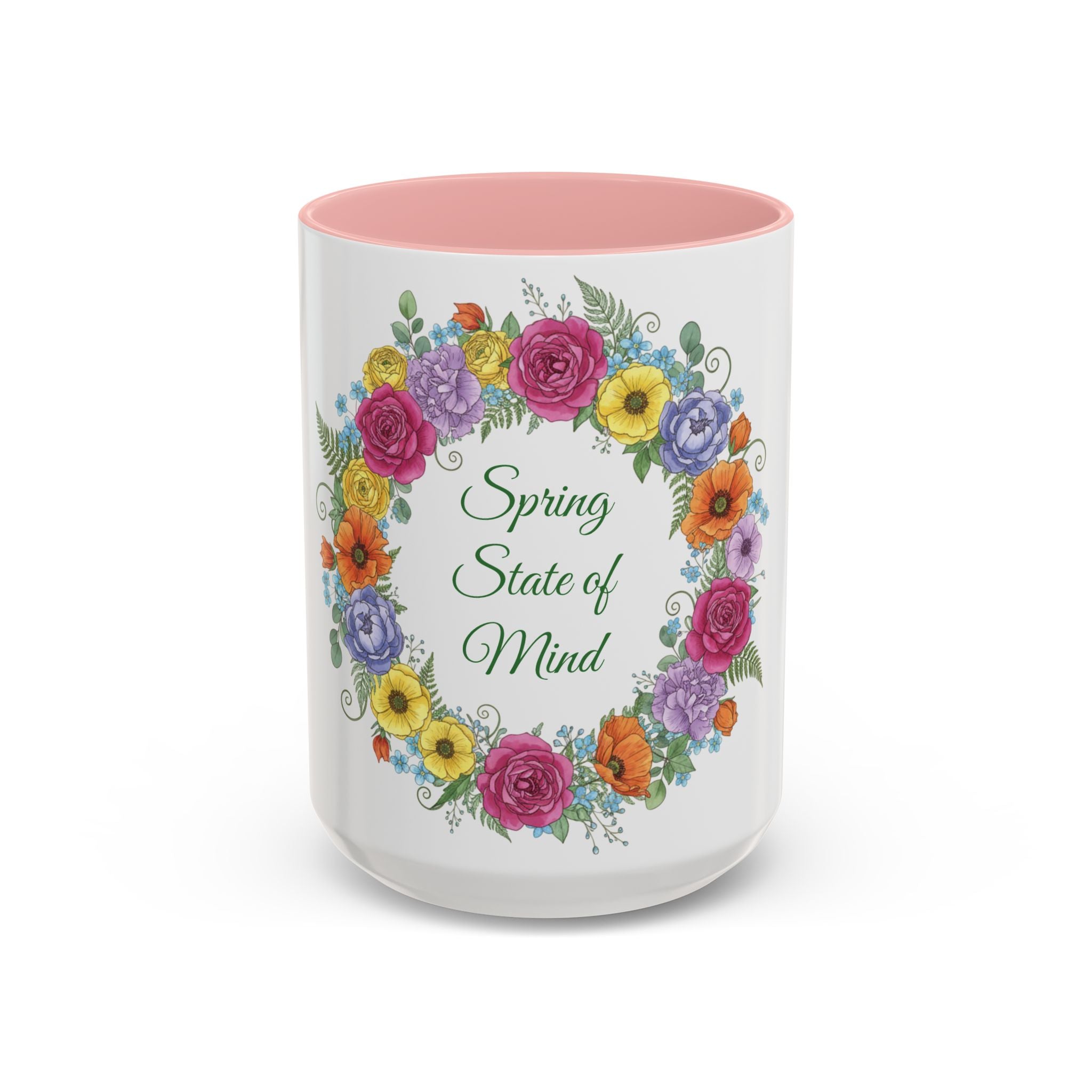 ''Spring State of Mind'' Coffee Mug — Floral Wreath Accent Cup 11/15oz