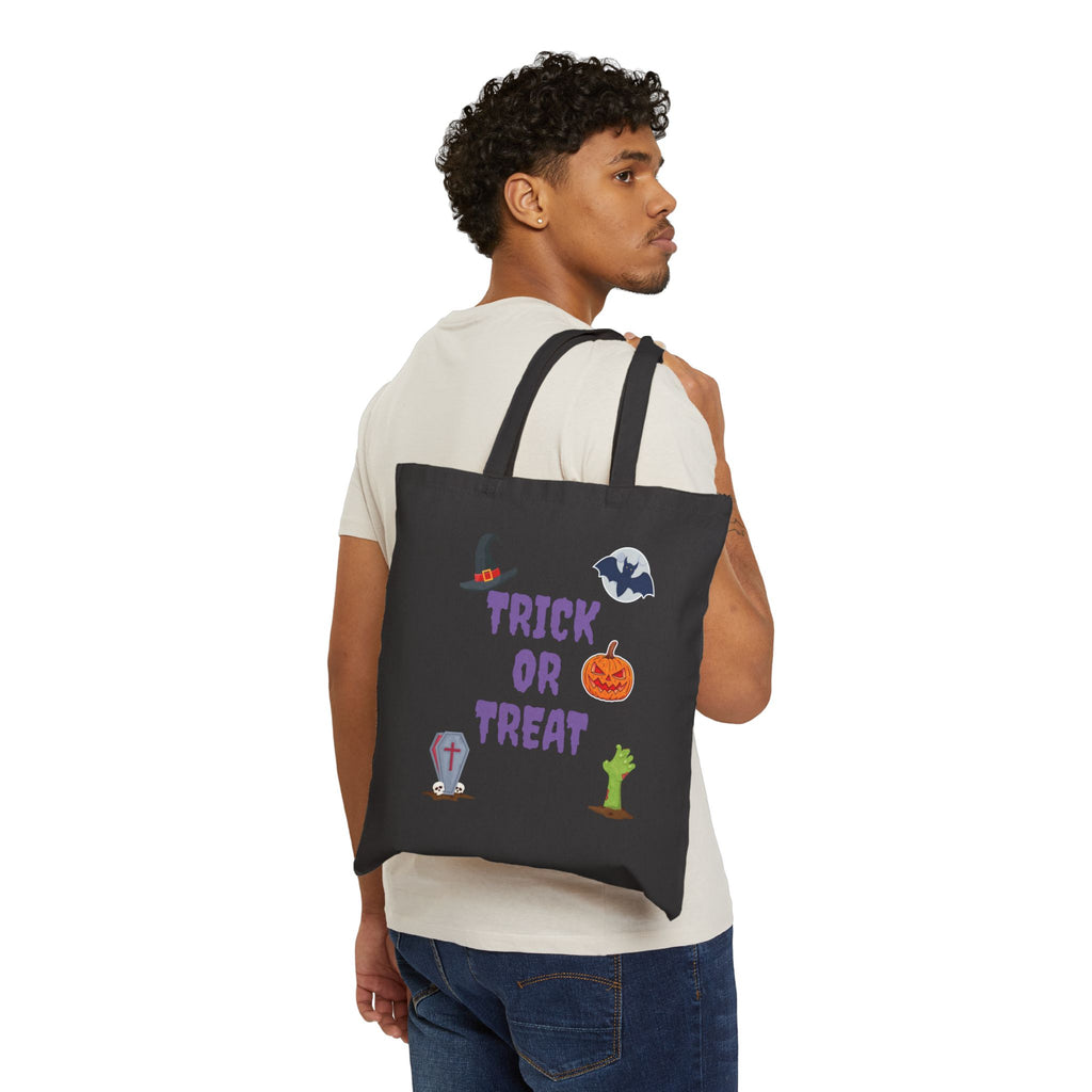 Trick or Treat Cotton Canvas Tote Bag Natural & Black (Purple Letters)