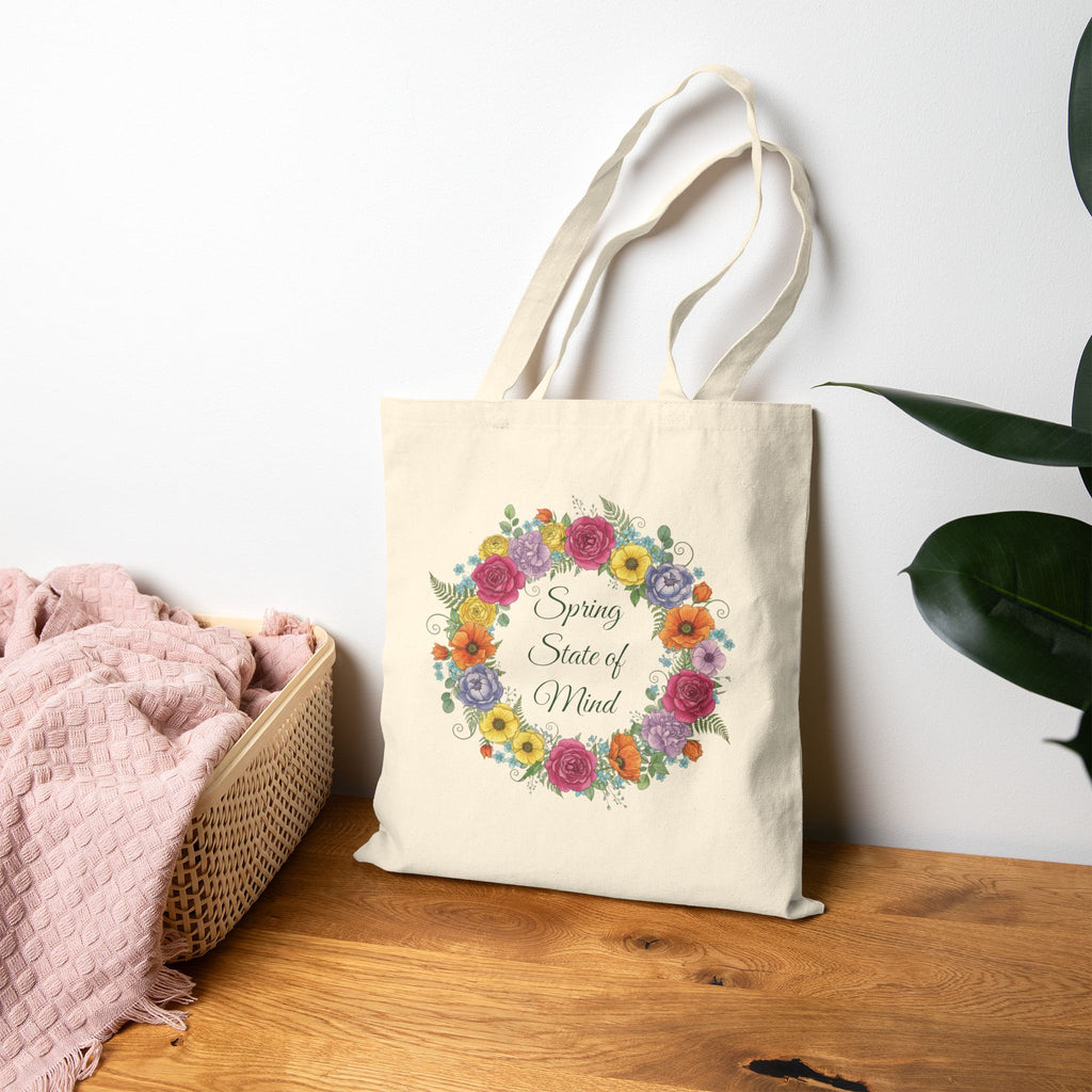 ''Spring State of Mind'' Canvas Tote — Floral Wreath Reusable Bag