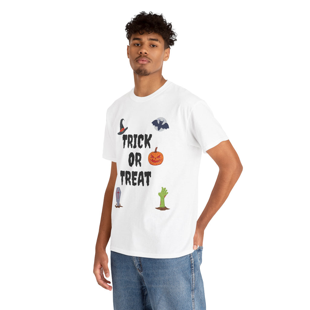Trick or Treat Unisex Heavy Cotton Tee White & Black (Purple Letters)