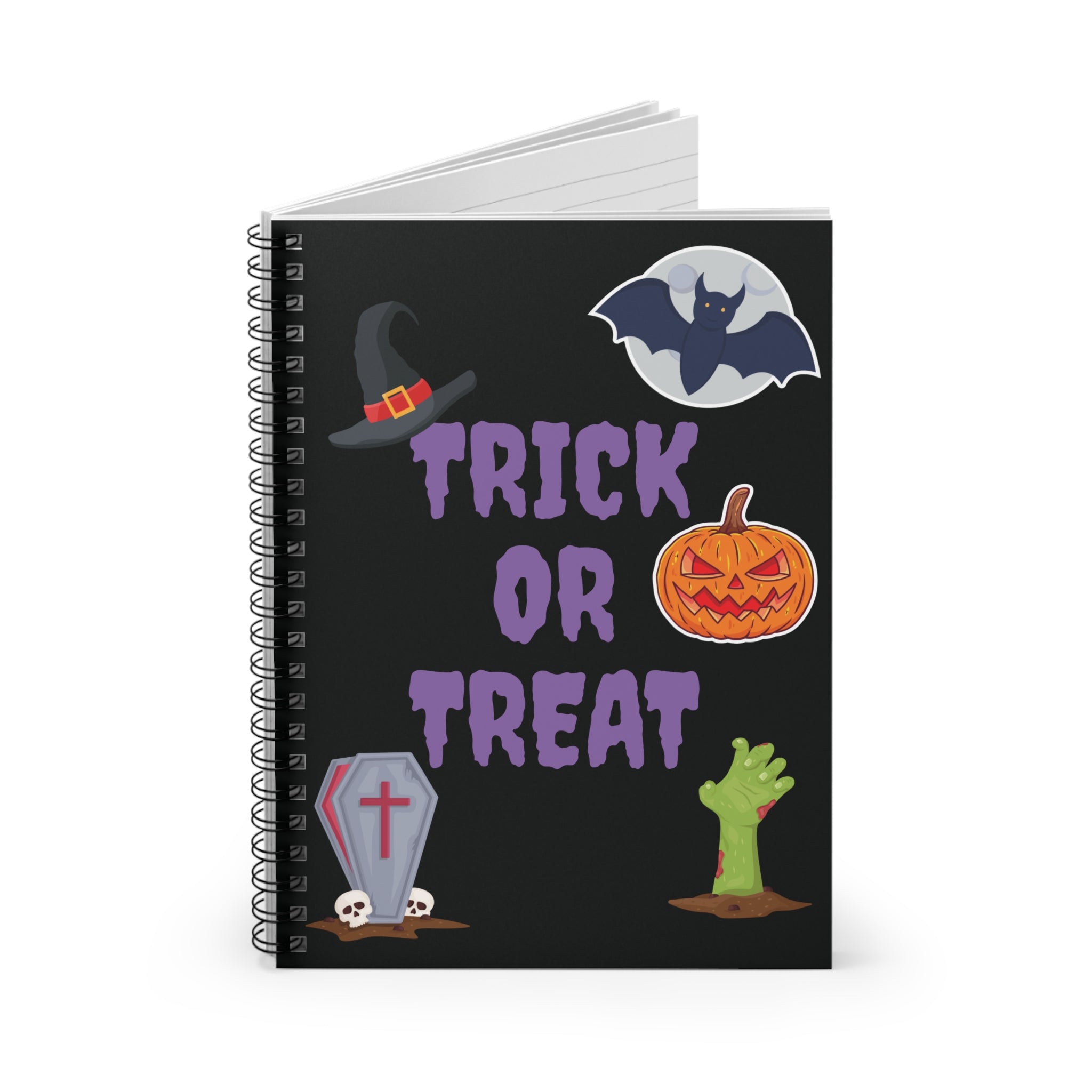 Trick or Treat Spiral Notebook - Ruled Line - Black (Purple Letters)