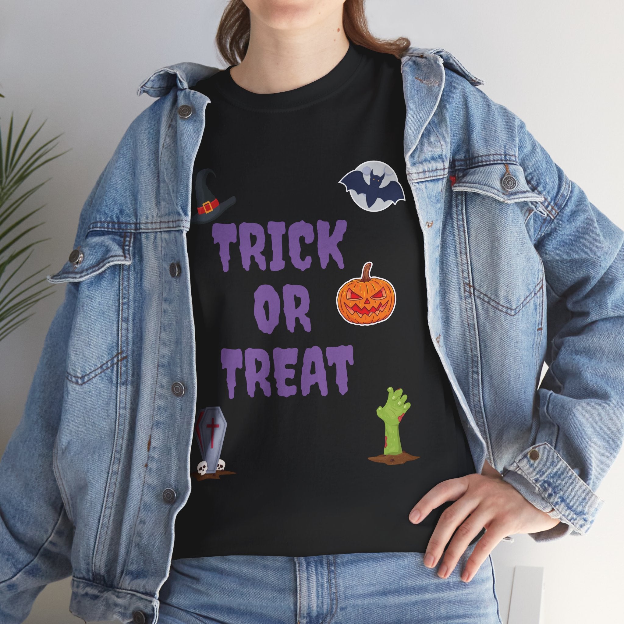 Trick or Treat Unisex Heavy Cotton Tee White & Black (Purple Letters)