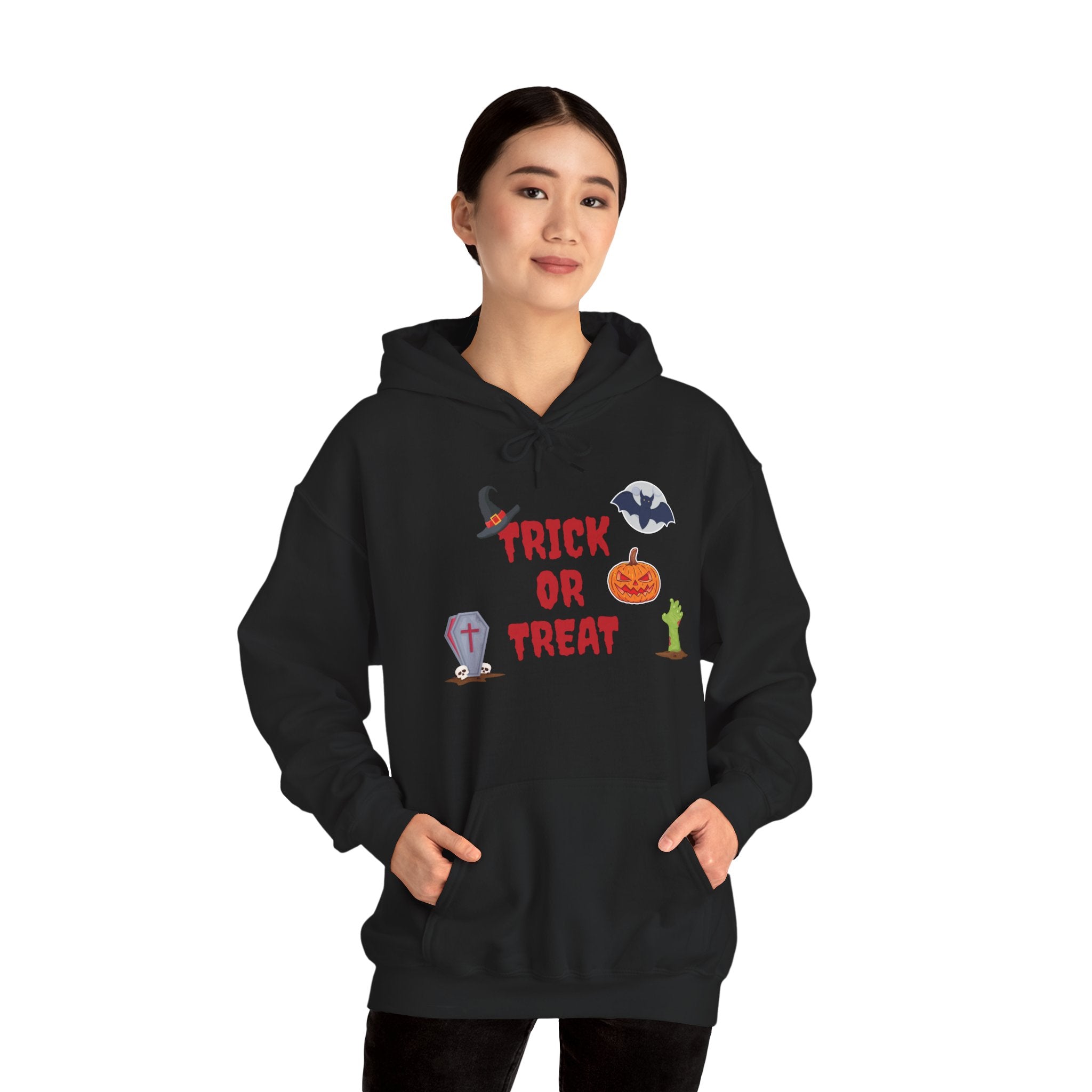 Trick or Treat Unisex Heavy Blend™ Hooded Sweatshirt Black (Red Letters)