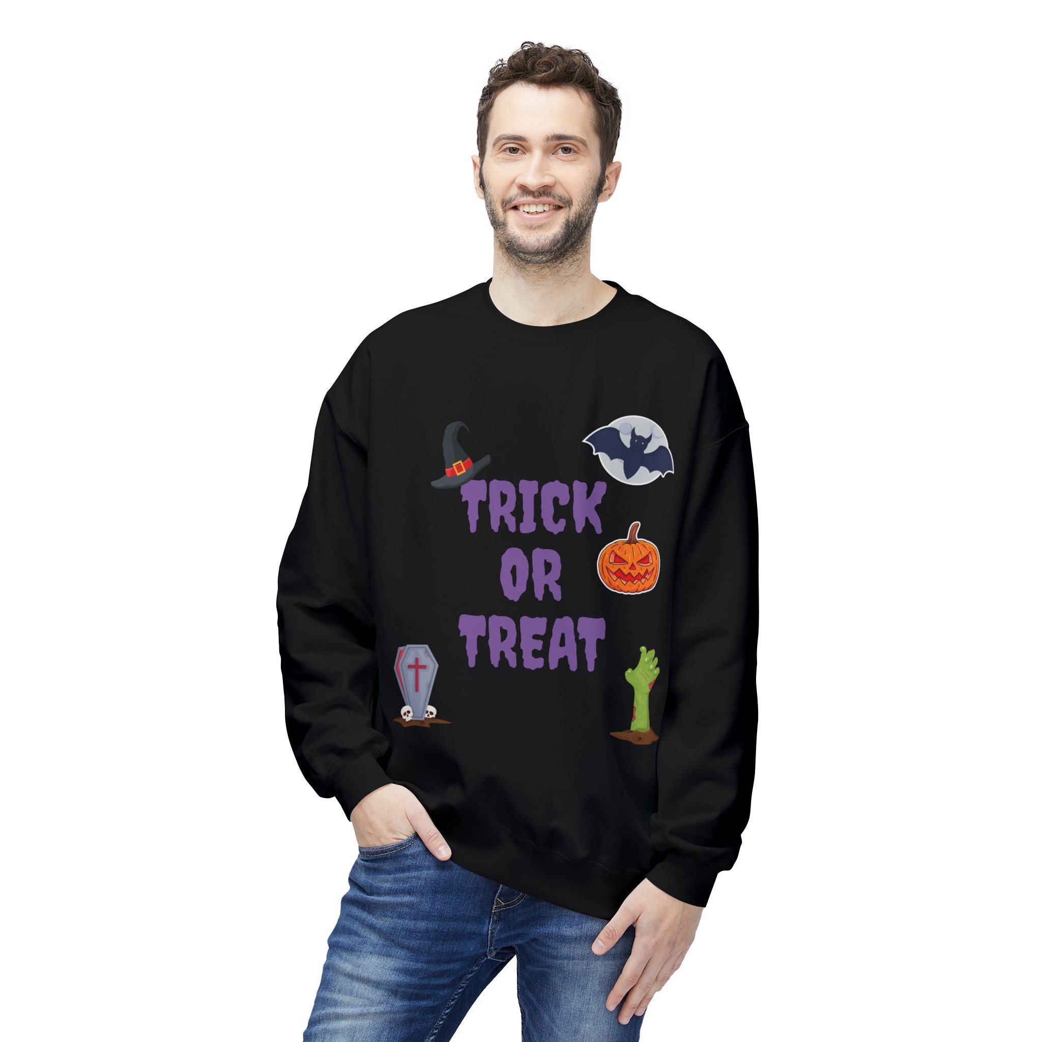 Trick or Treat Unisex Midweight Softstyle Fleece Crewneck Sweatshirt White & Black (Purple Letters)