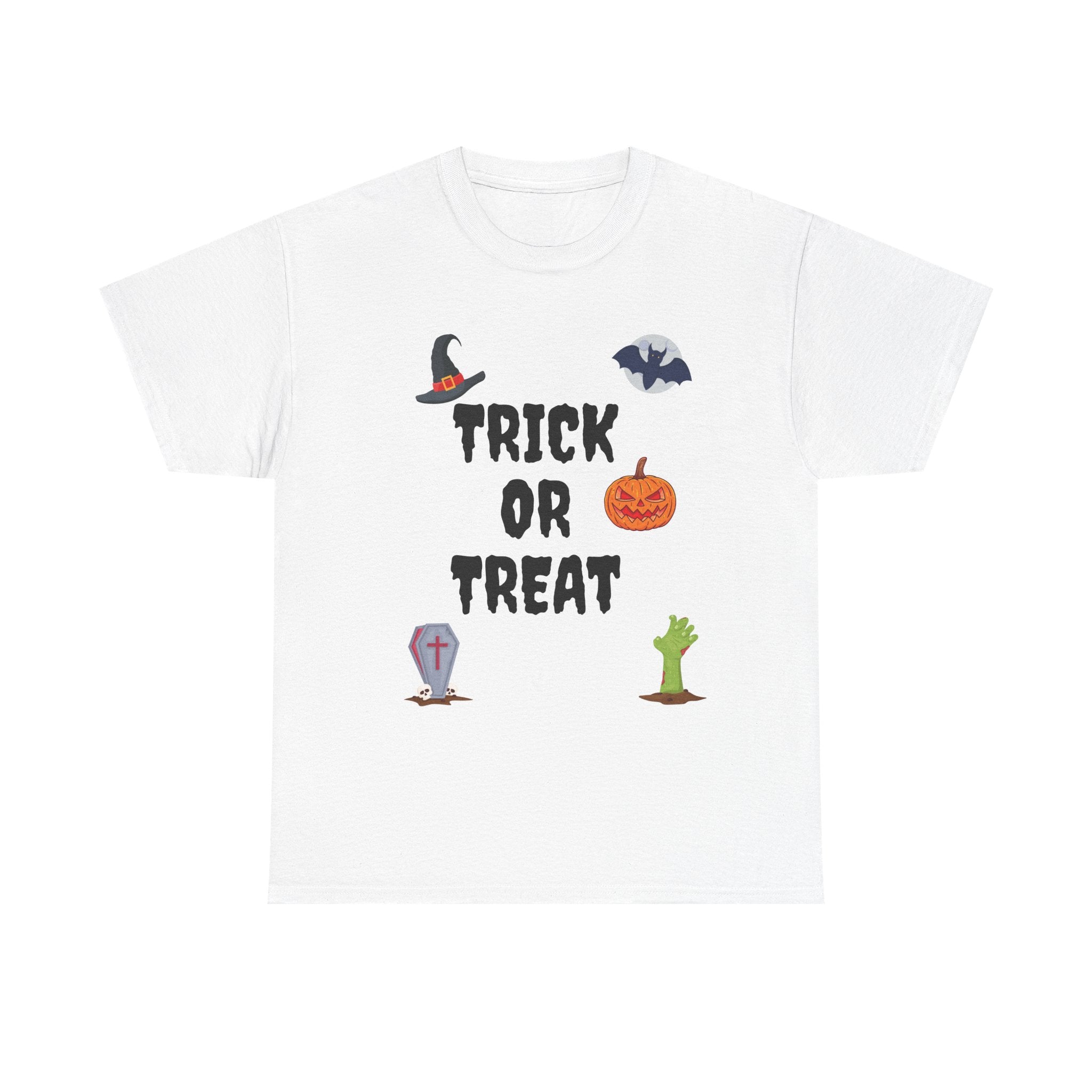 Trick or Treat Unisex Heavy Cotton Tee White & Black (Purple Letters)