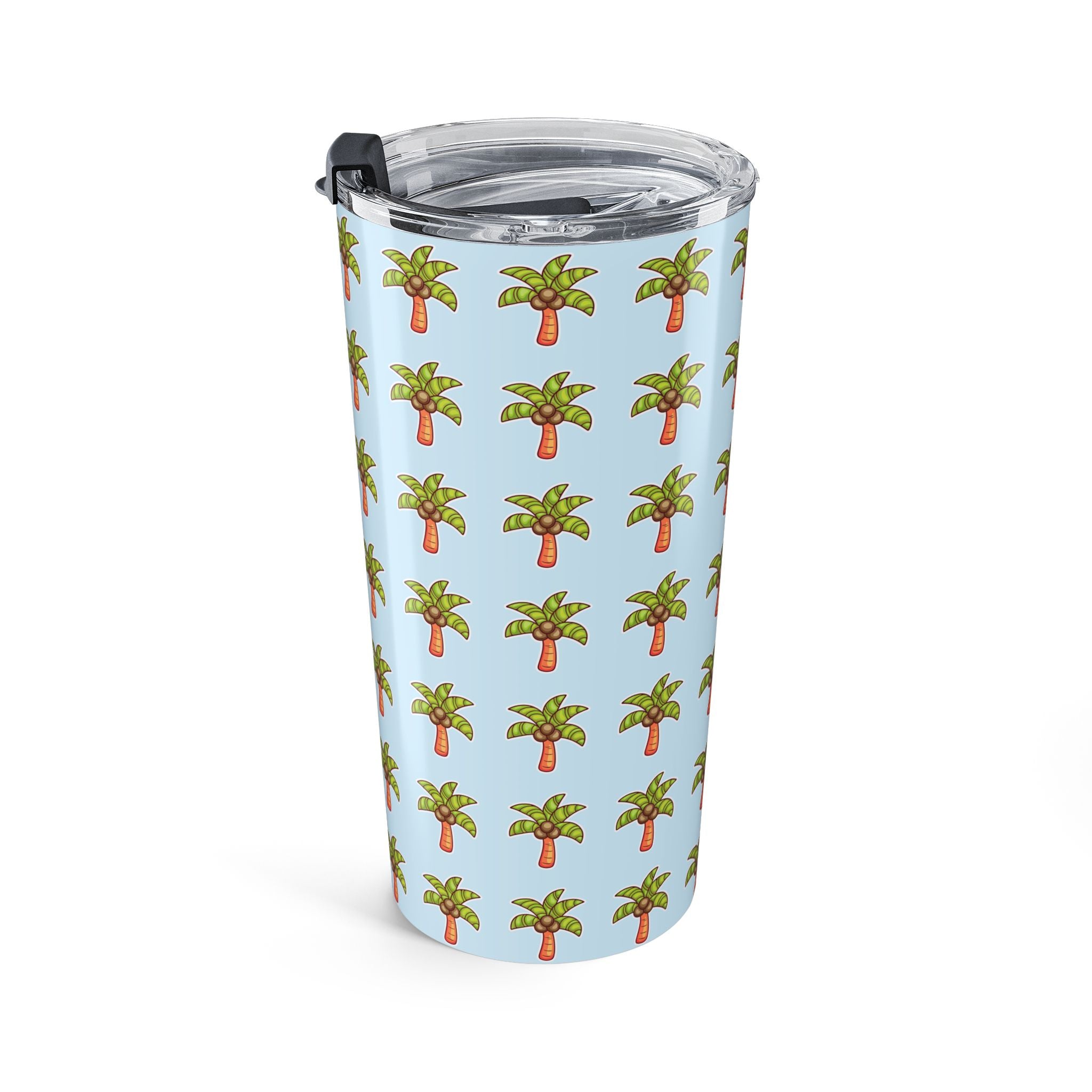 Palm Tree Pattern Tumbler — Tropical Travel Coffee Cup - Light Blue