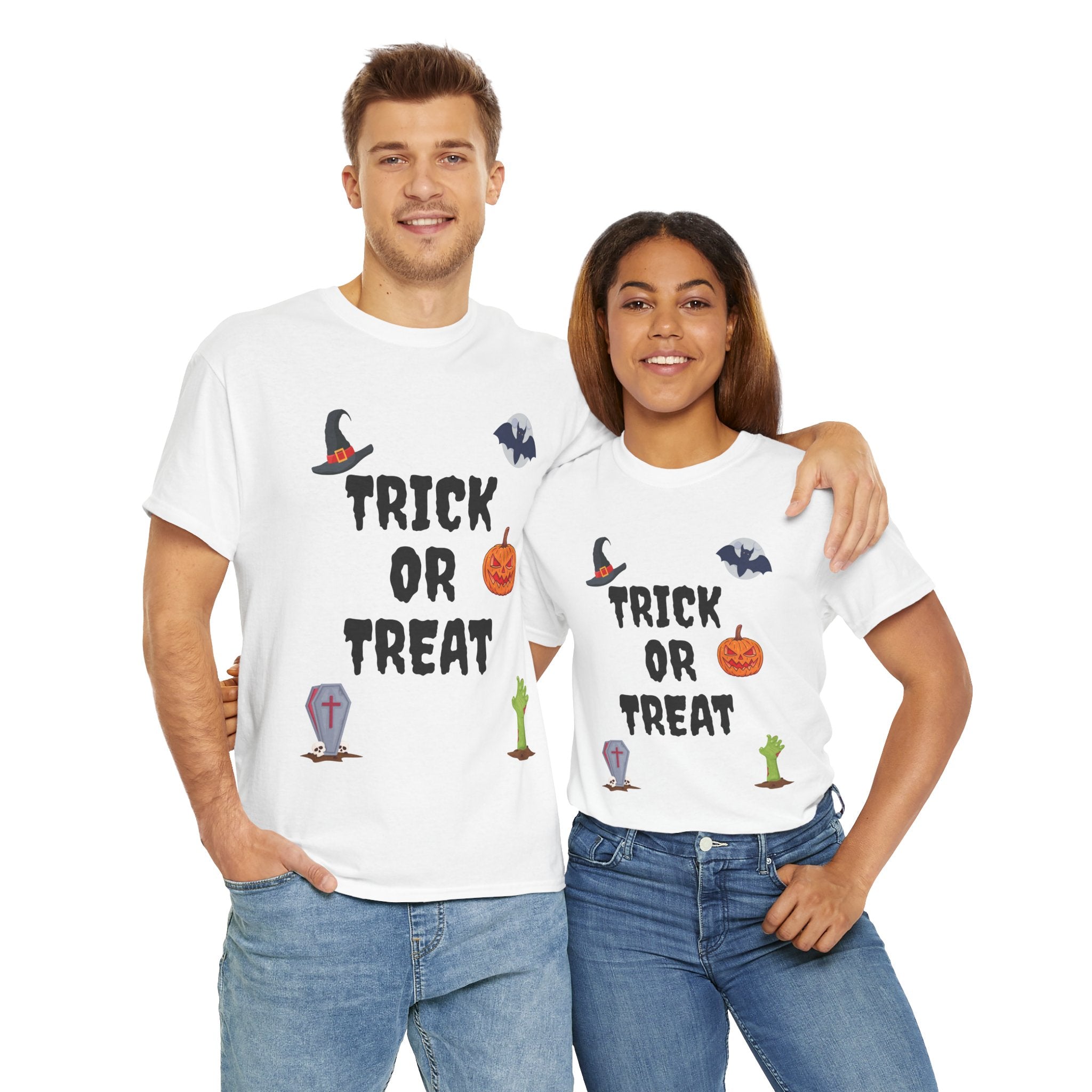 Trick or Treat Unisex Heavy Cotton Tee White & Black (Purple Letters)
