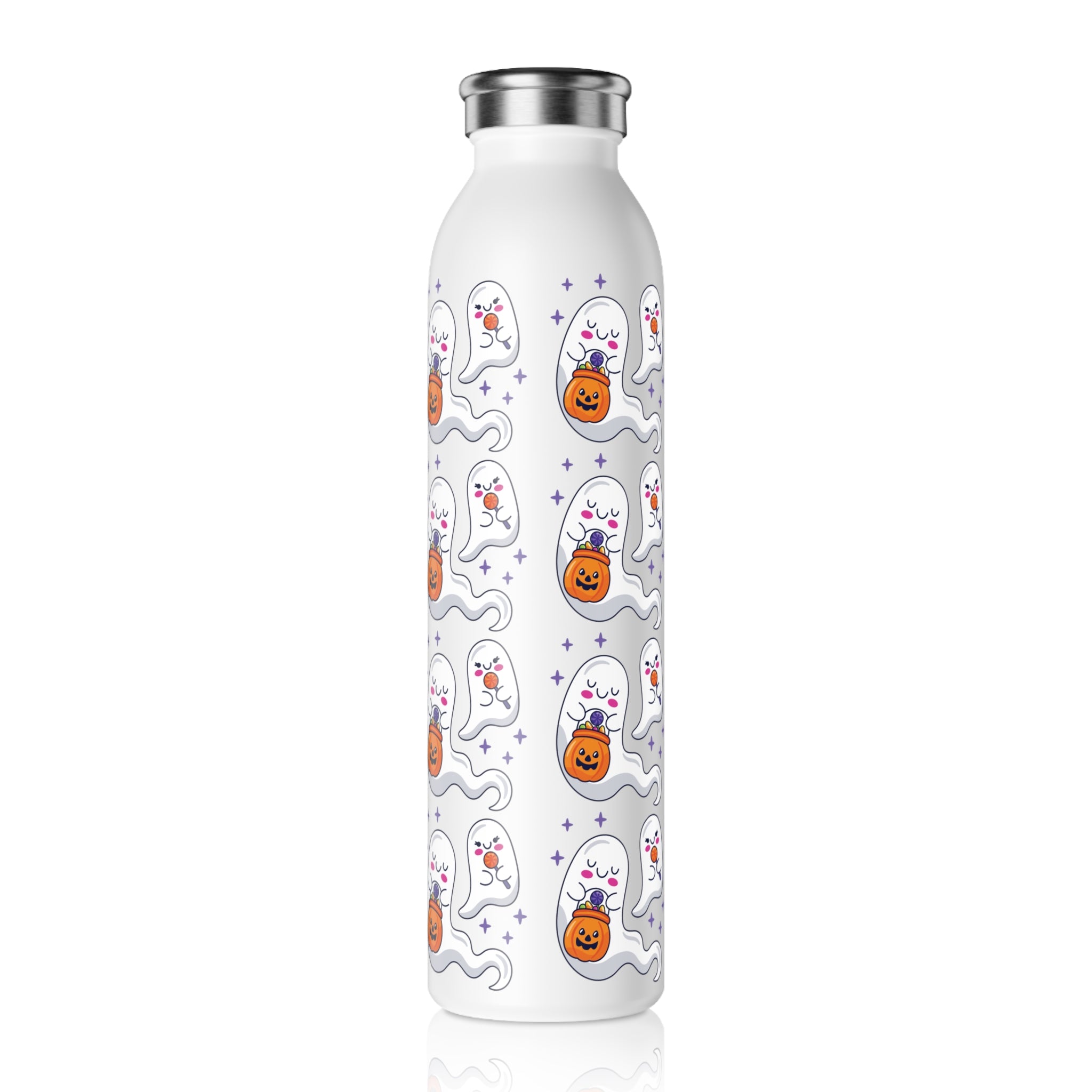 Halloween Ghost Holding Treats Slim Water Bottle