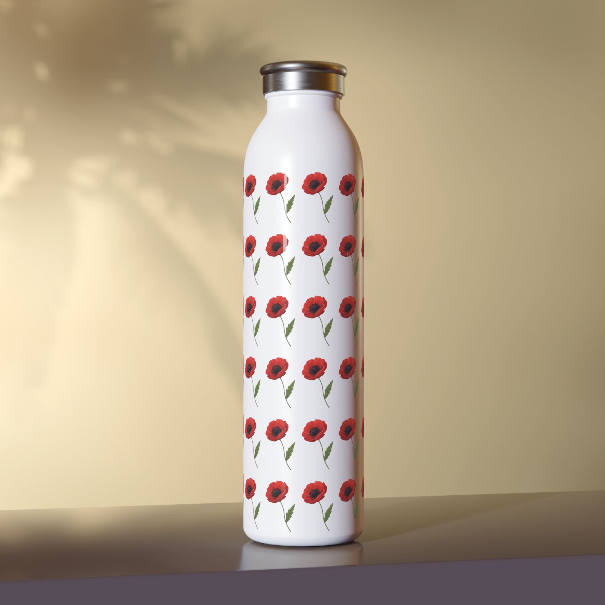 Poppy Pattern Slim Water Bottle — Floral Stainless Steel Reusable Bottle