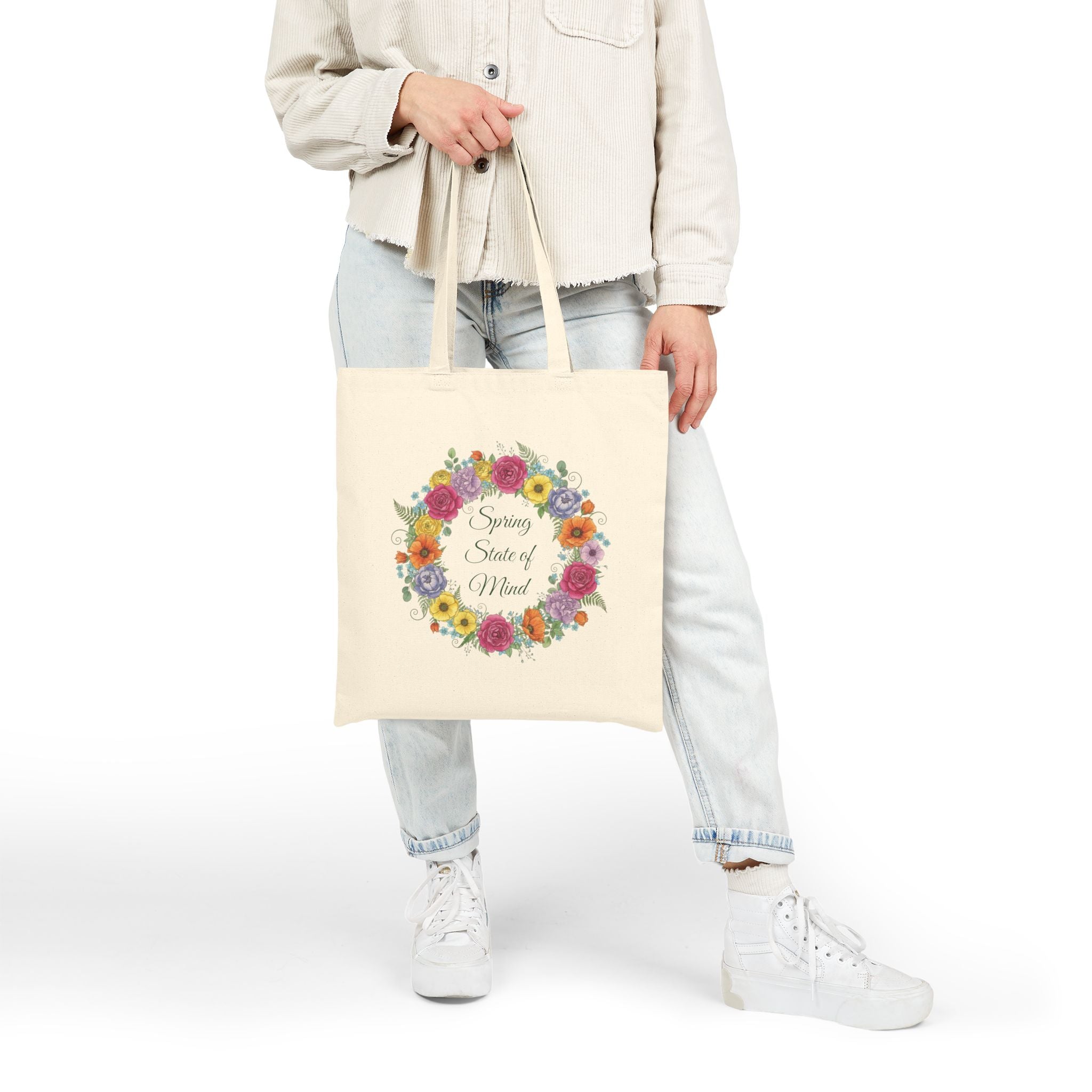 ''Spring State of Mind'' Canvas Tote — Floral Wreath Reusable Bag