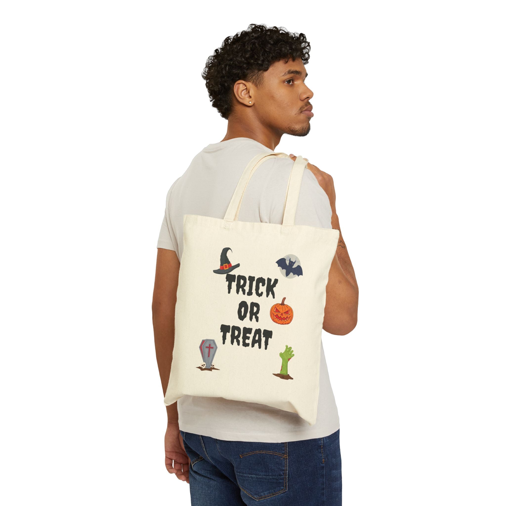 Trick or Treat Cotton Canvas Tote Bag Natural & Black (Purple Letters)