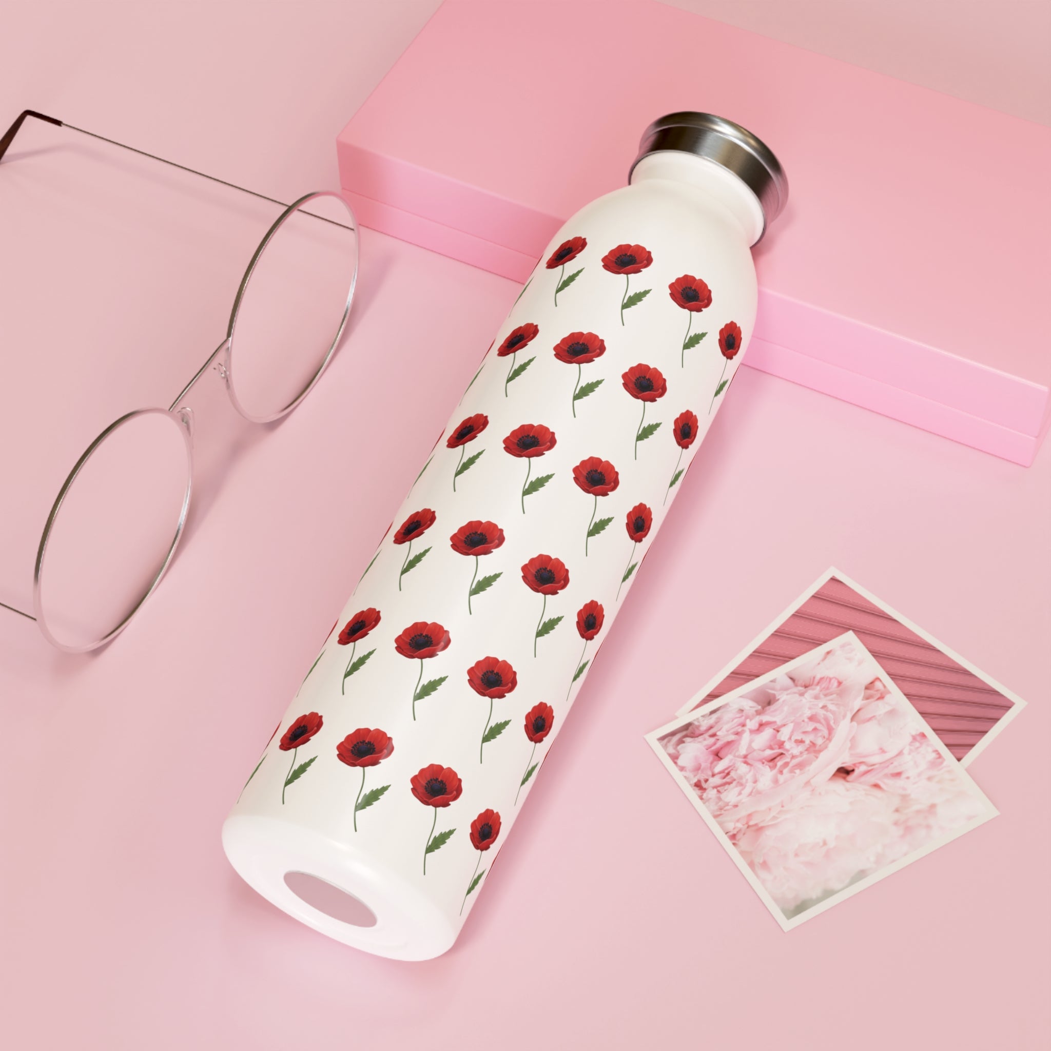 Poppy Pattern Slim Water Bottle — Floral Stainless Steel Reusable Bottle