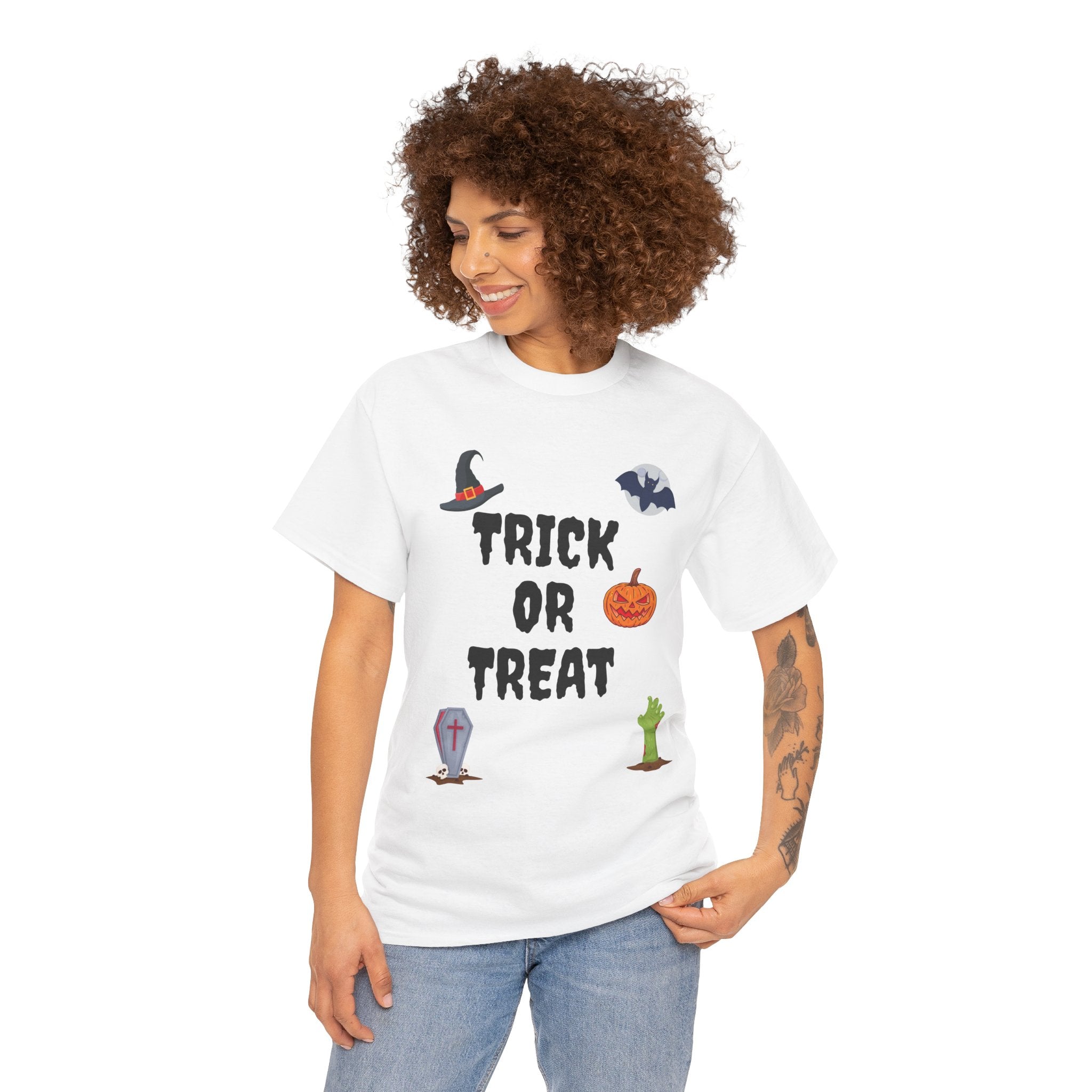 Trick or Treat Unisex Heavy Cotton Tee White & Black (Purple Letters)