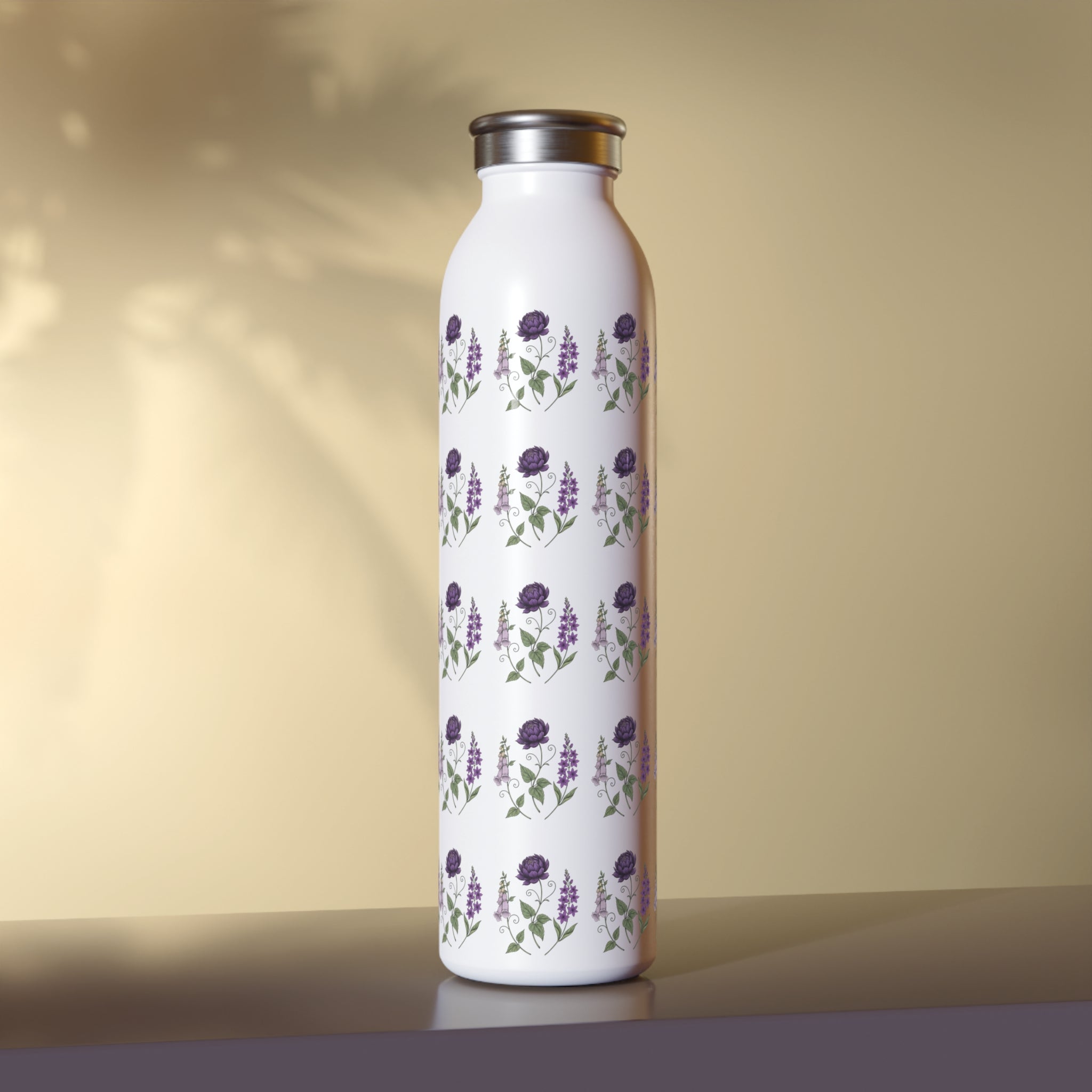 Purple Flowers Slim Water Bottle — Vintage Floral Pattern Insulated Bottle