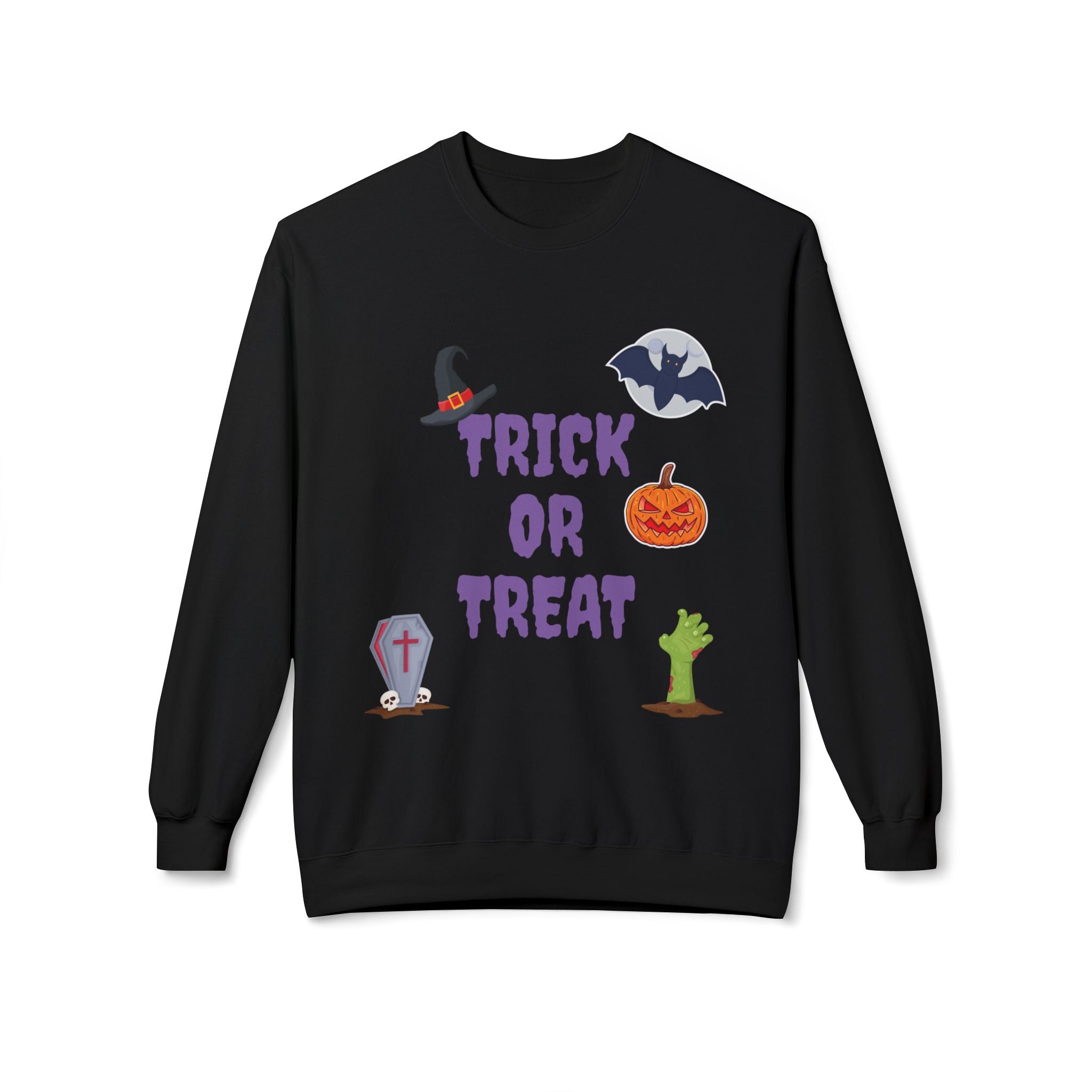 Trick or Treat Unisex Midweight Softstyle Fleece Crewneck Sweatshirt White & Black (Purple Letters)