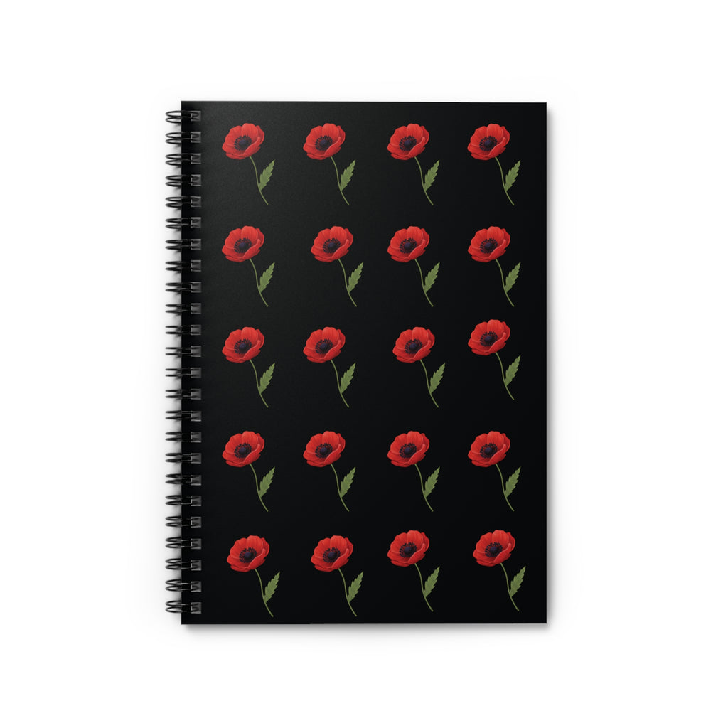 Poppy Pattern Spiral Notebook —  Floral Ruled Journal - Black Cover