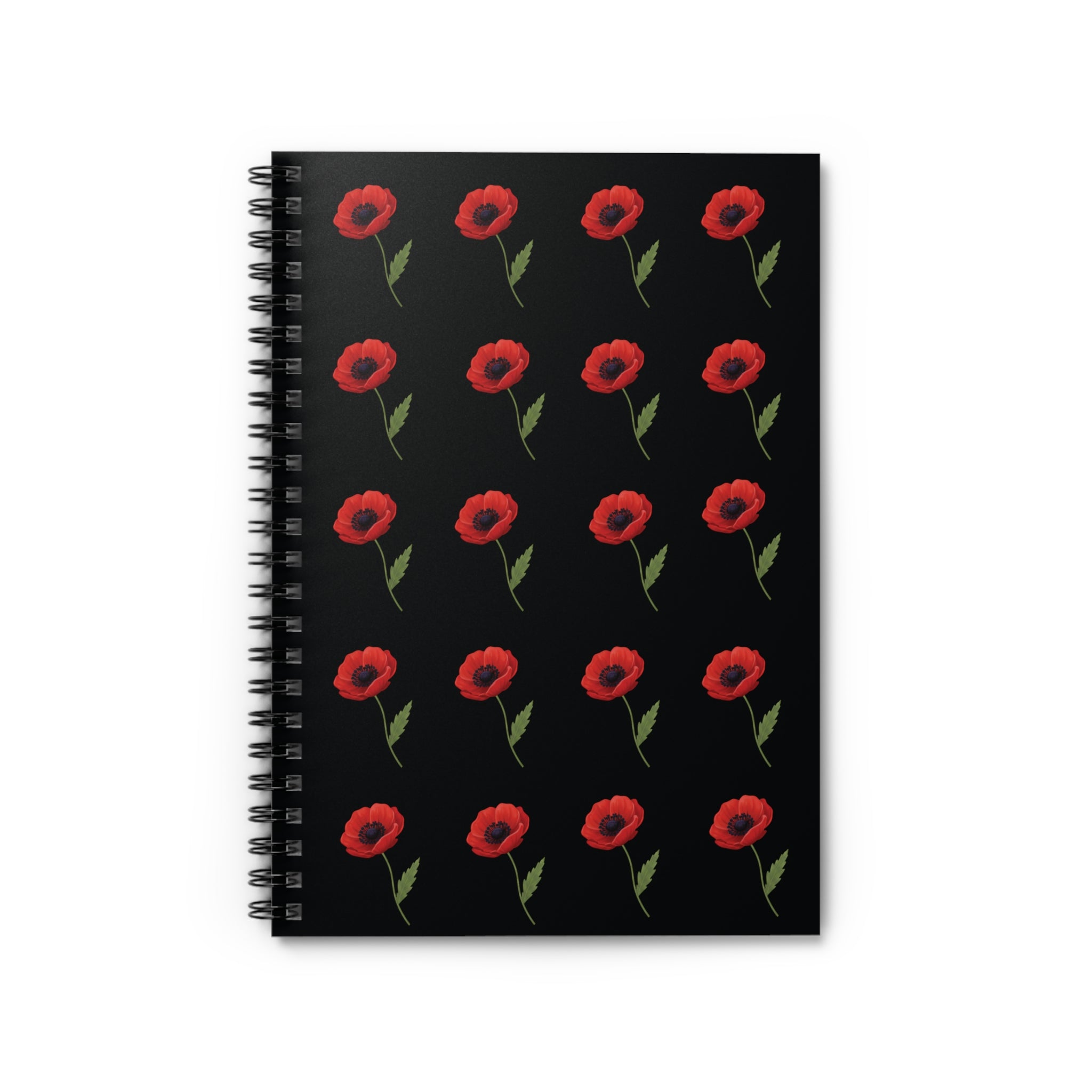 Poppy Pattern Spiral Notebook —  Floral Ruled Journal - Black Cover