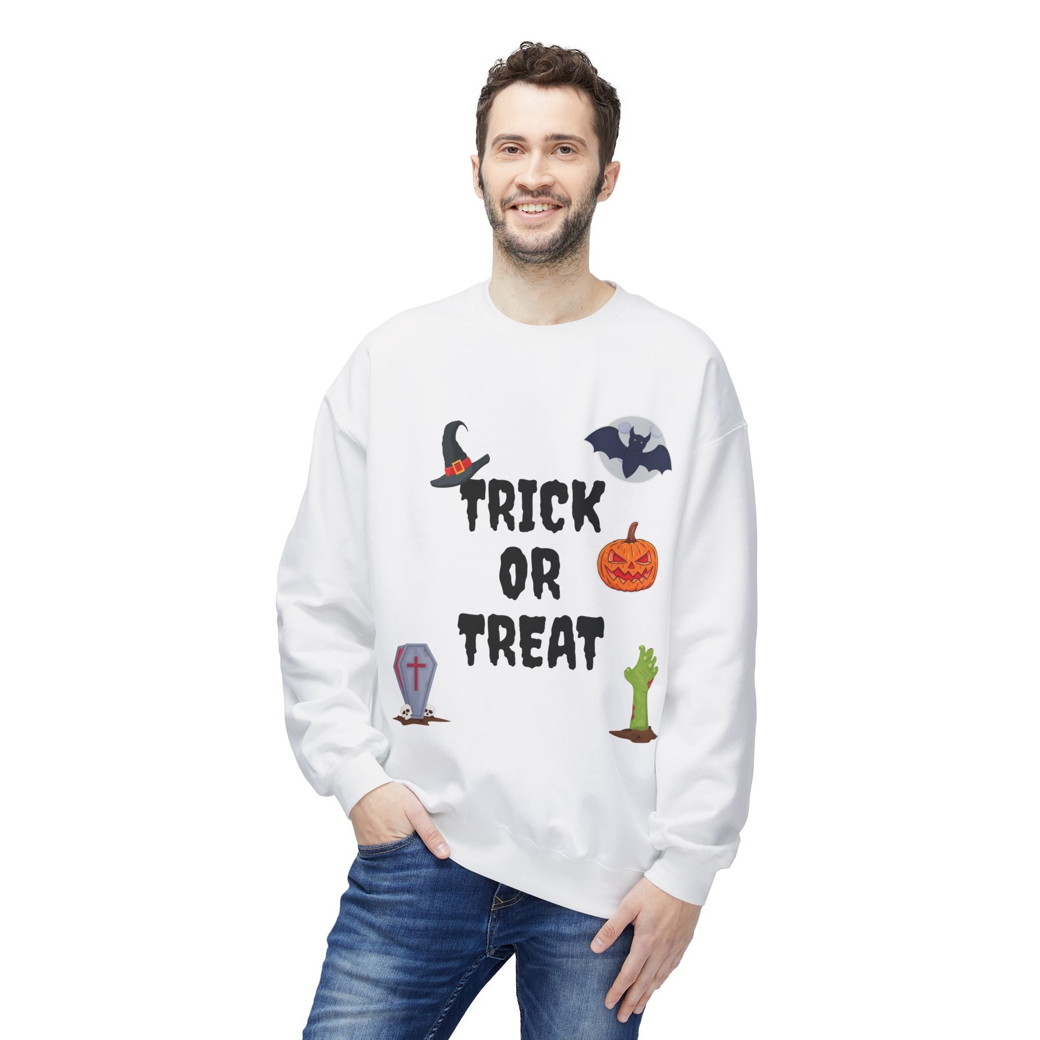 Trick or Treat Unisex Midweight Softstyle Fleece Crewneck Sweatshirt White & Black (Purple Letters)