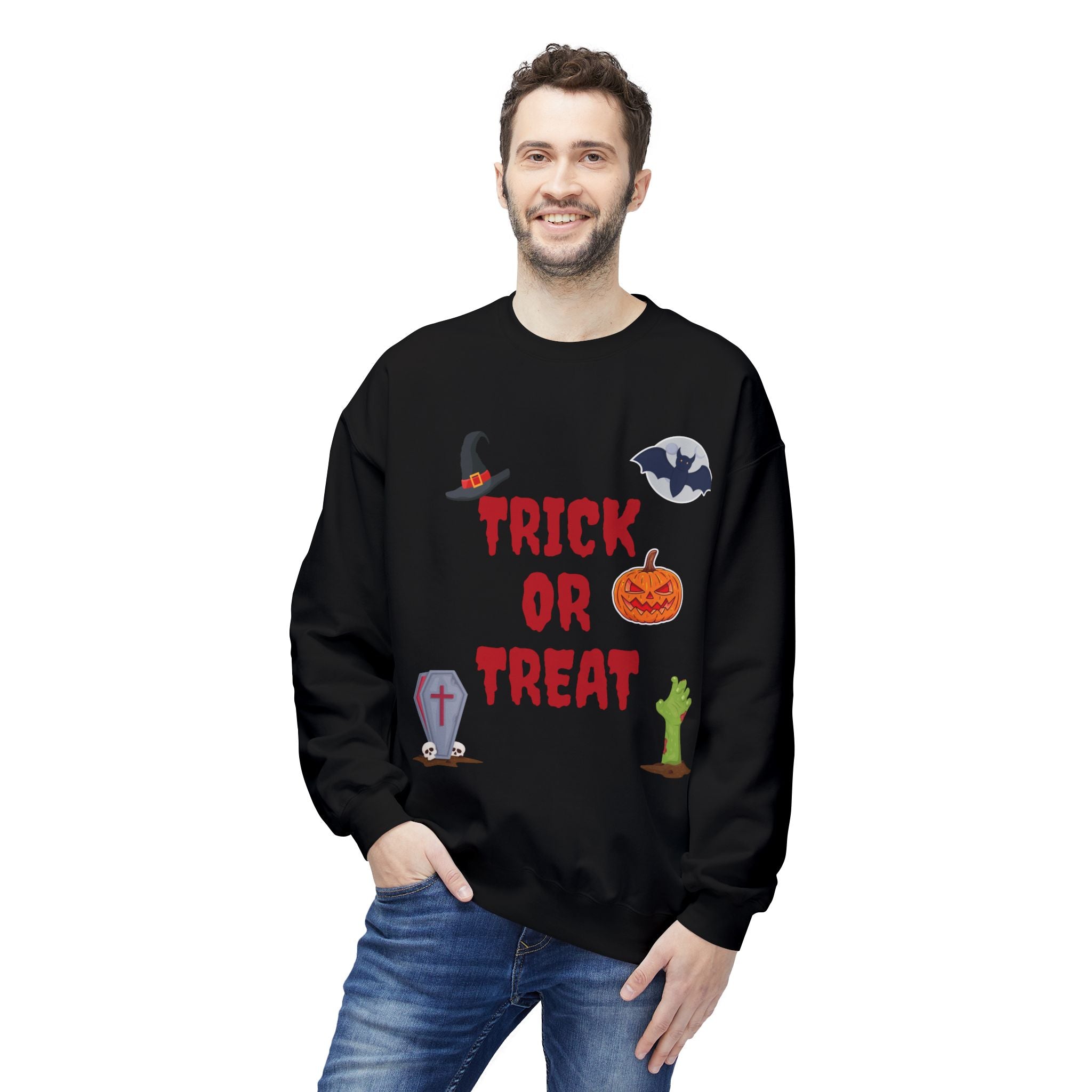 Trick or Treat Unisex Midweight Softstyle Fleece Crewneck Sweatshirt Black (Red Letters)