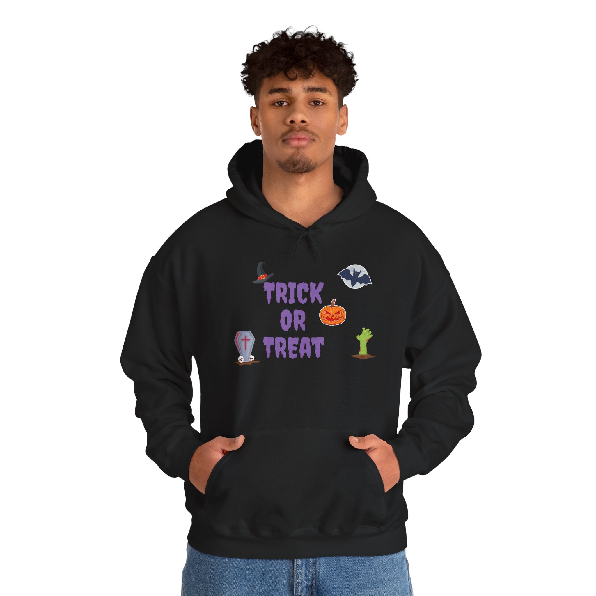 Trick or Treat Unisex Heavy Blend™ Hooded Sweatshirt White & Black (Purple Letters)