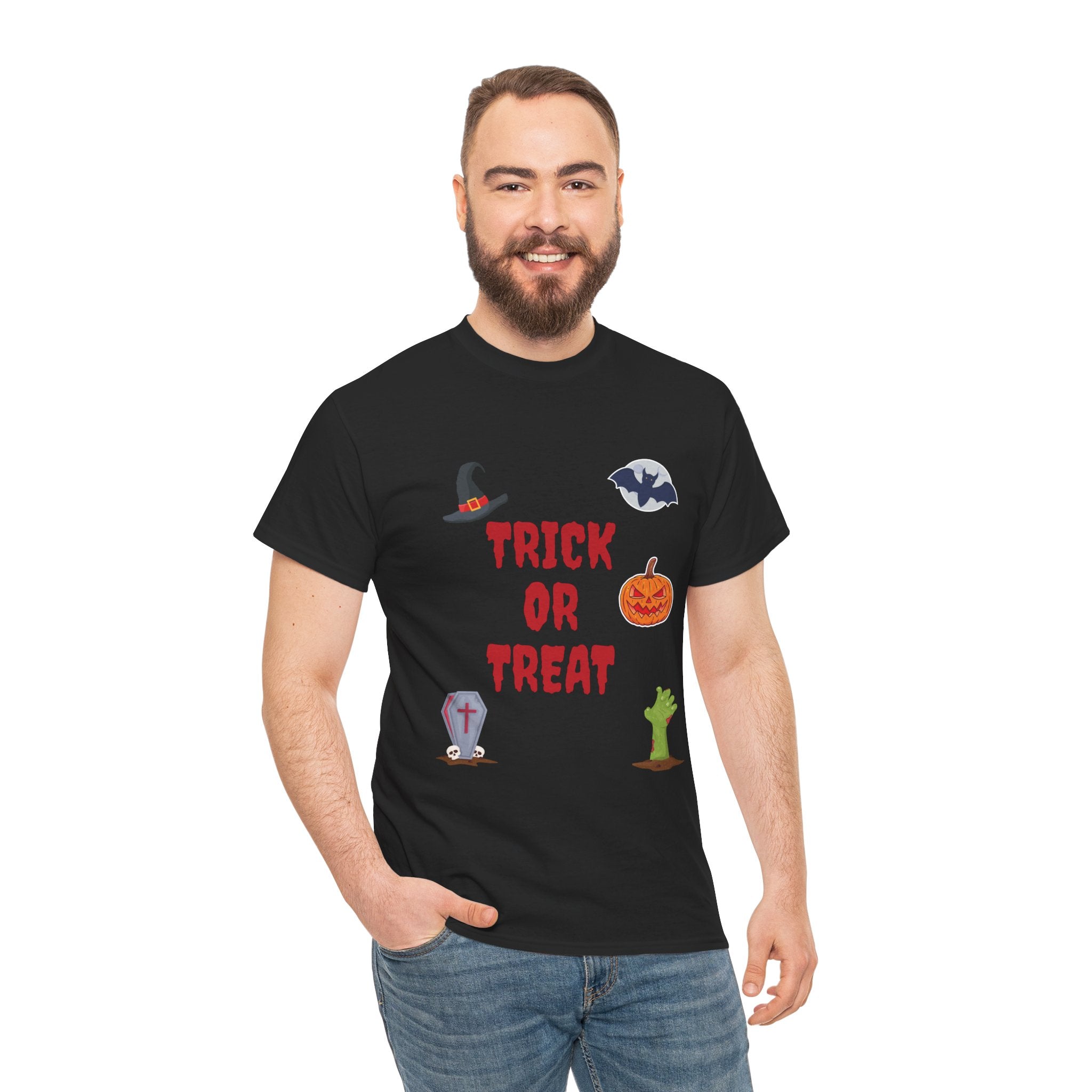 Trick or Treat Unisex Heavy Cotton Tee Black (Red letters)