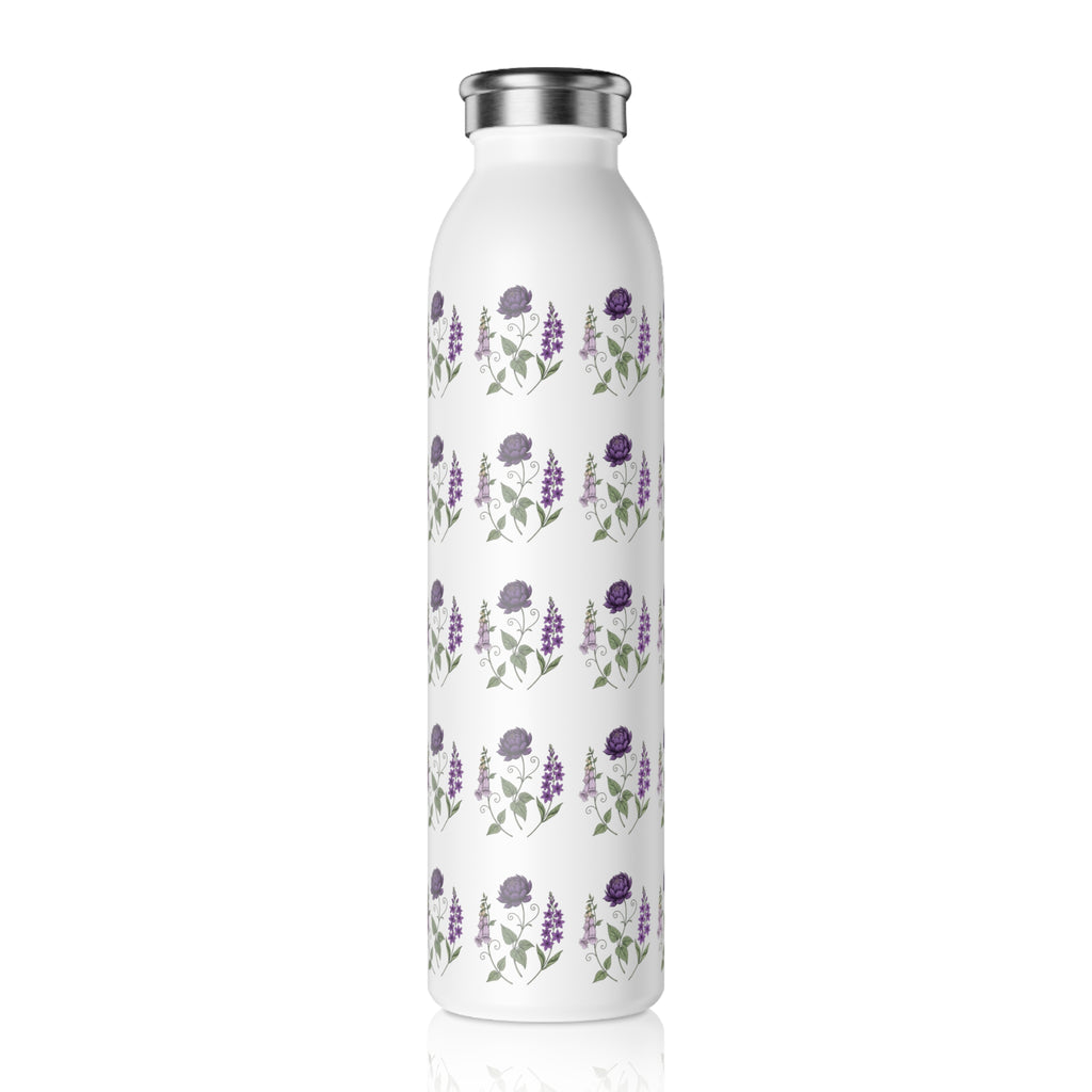 Purple Flowers Slim Water Bottle — Vintage Floral Pattern Insulated Bottle