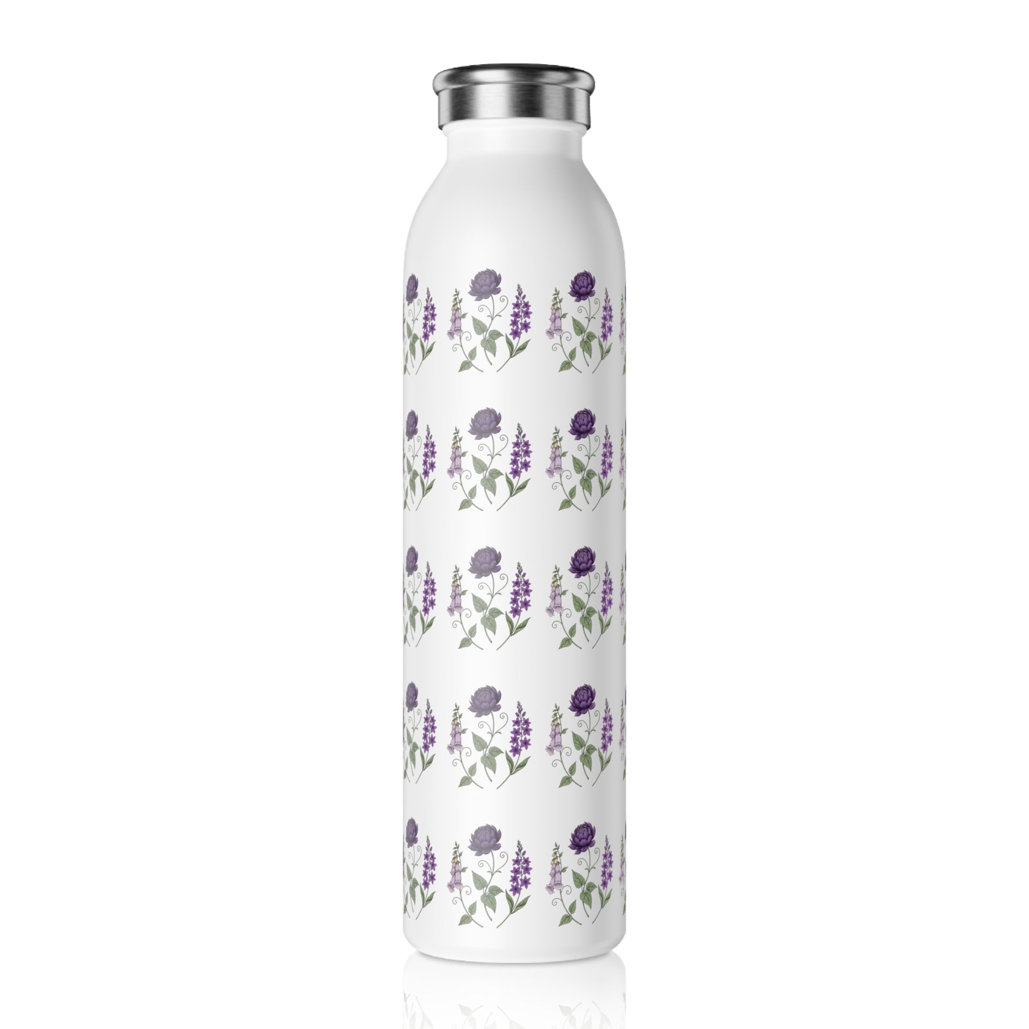 Purple Flowers Slim Water Bottle — Vintage Floral Pattern Insulated Bottle