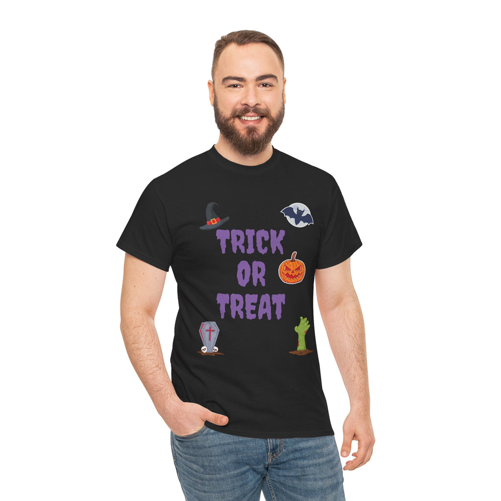 Trick or Treat Unisex Heavy Cotton Tee White & Black (Purple Letters)