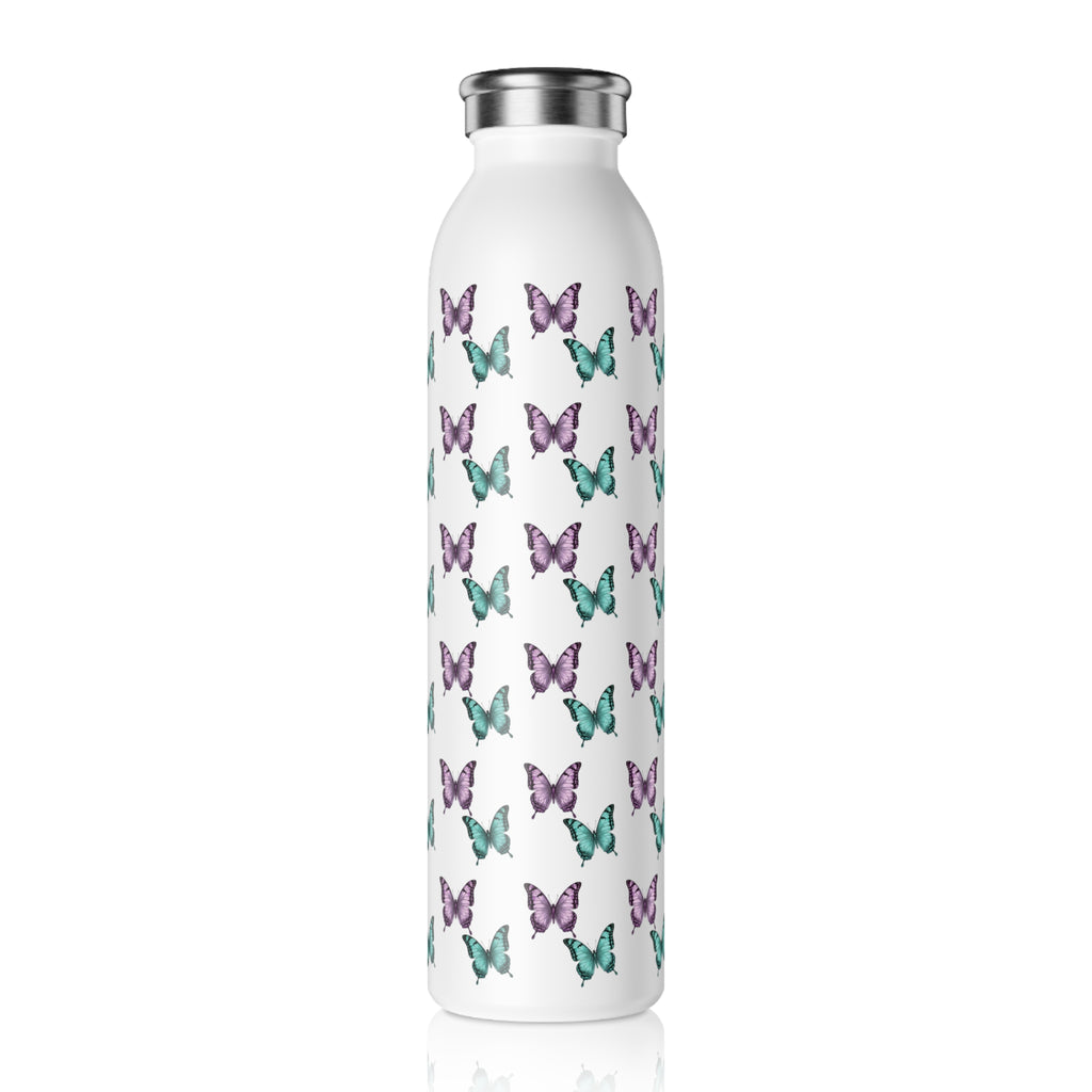 Butterfly Pattern Slim Water Bottle — Purple & Turquoise Reusable Bottle