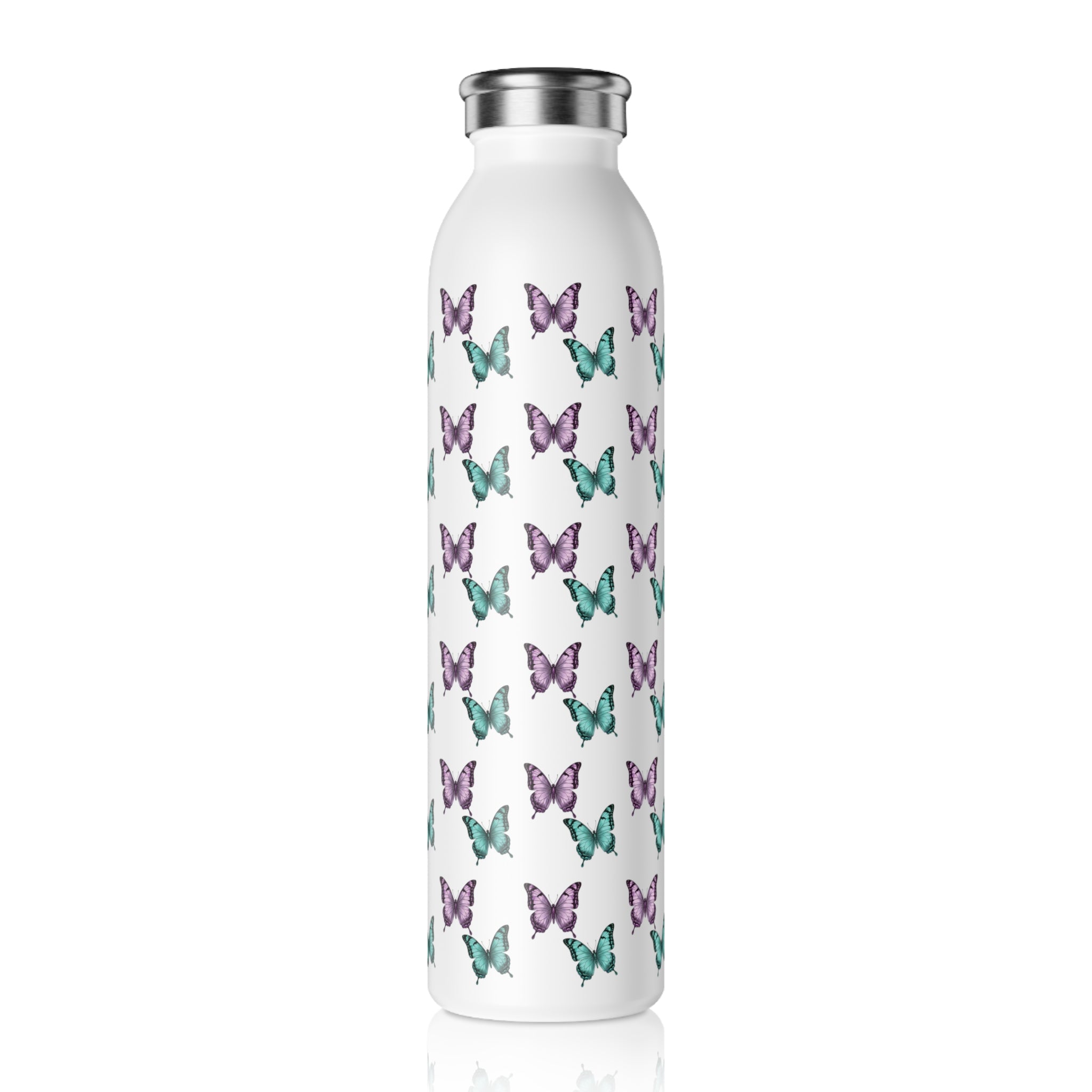 Butterfly Pattern Slim Water Bottle — Purple & Turquoise Reusable Bottle