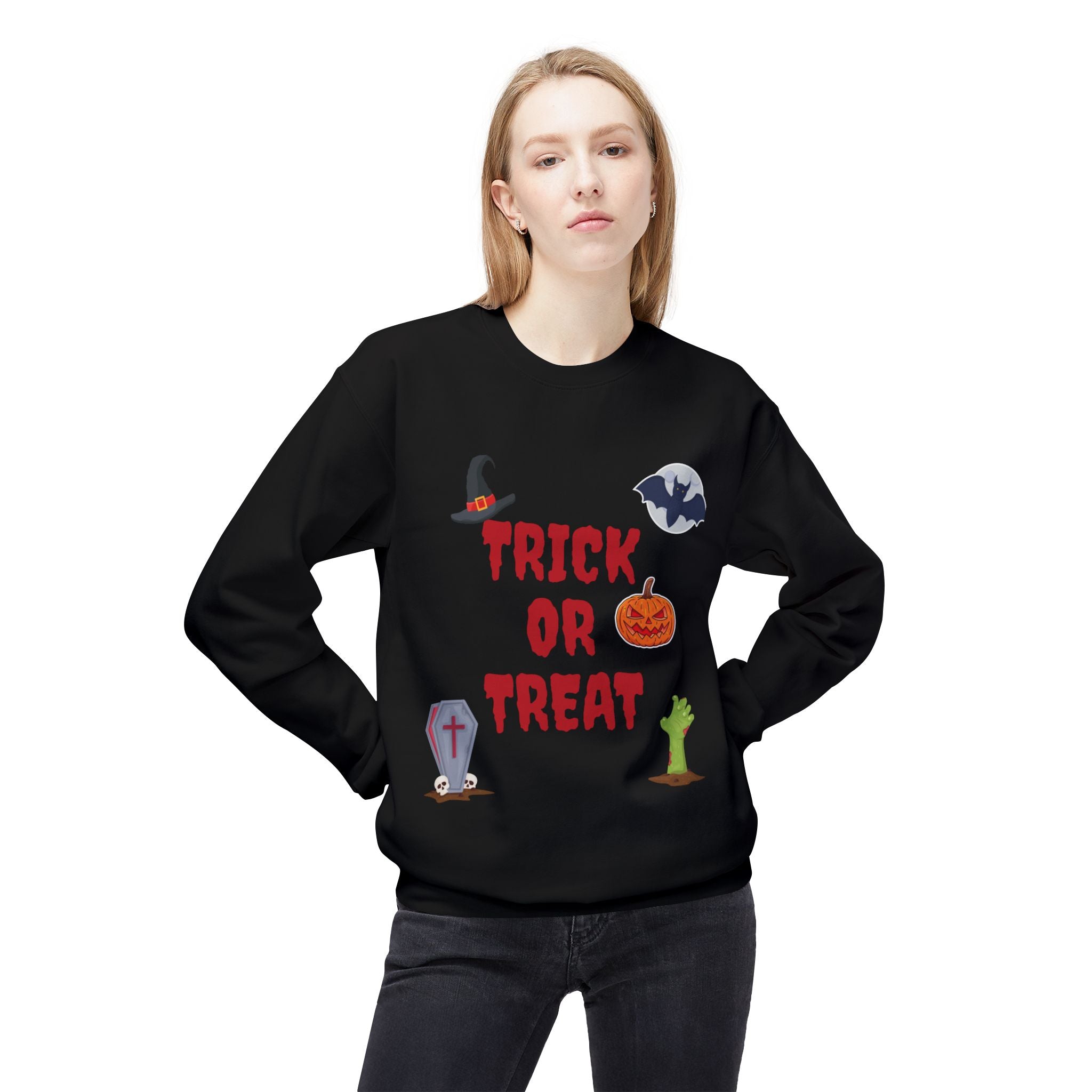 Trick or Treat Unisex Midweight Softstyle Fleece Crewneck Sweatshirt Black (Red Letters)
