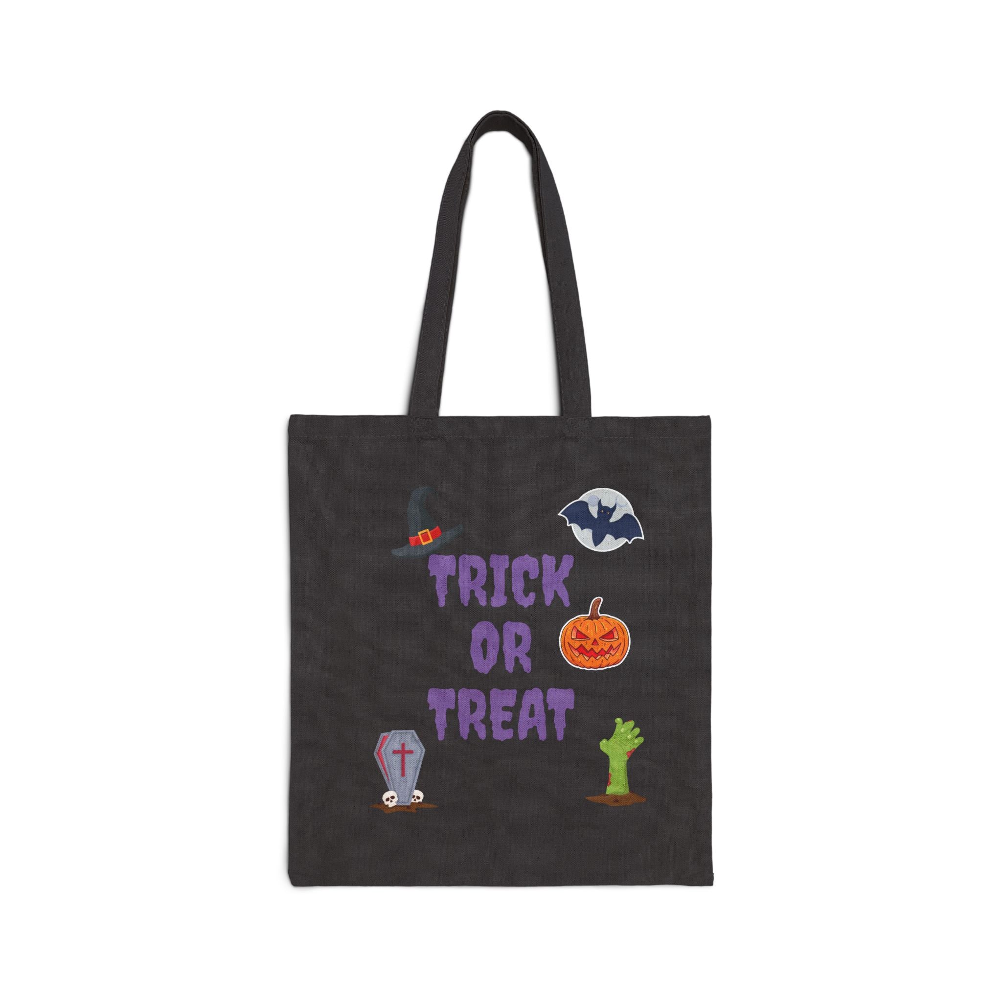 Trick or Treat Cotton Canvas Tote Bag Natural & Black (Purple Letters)