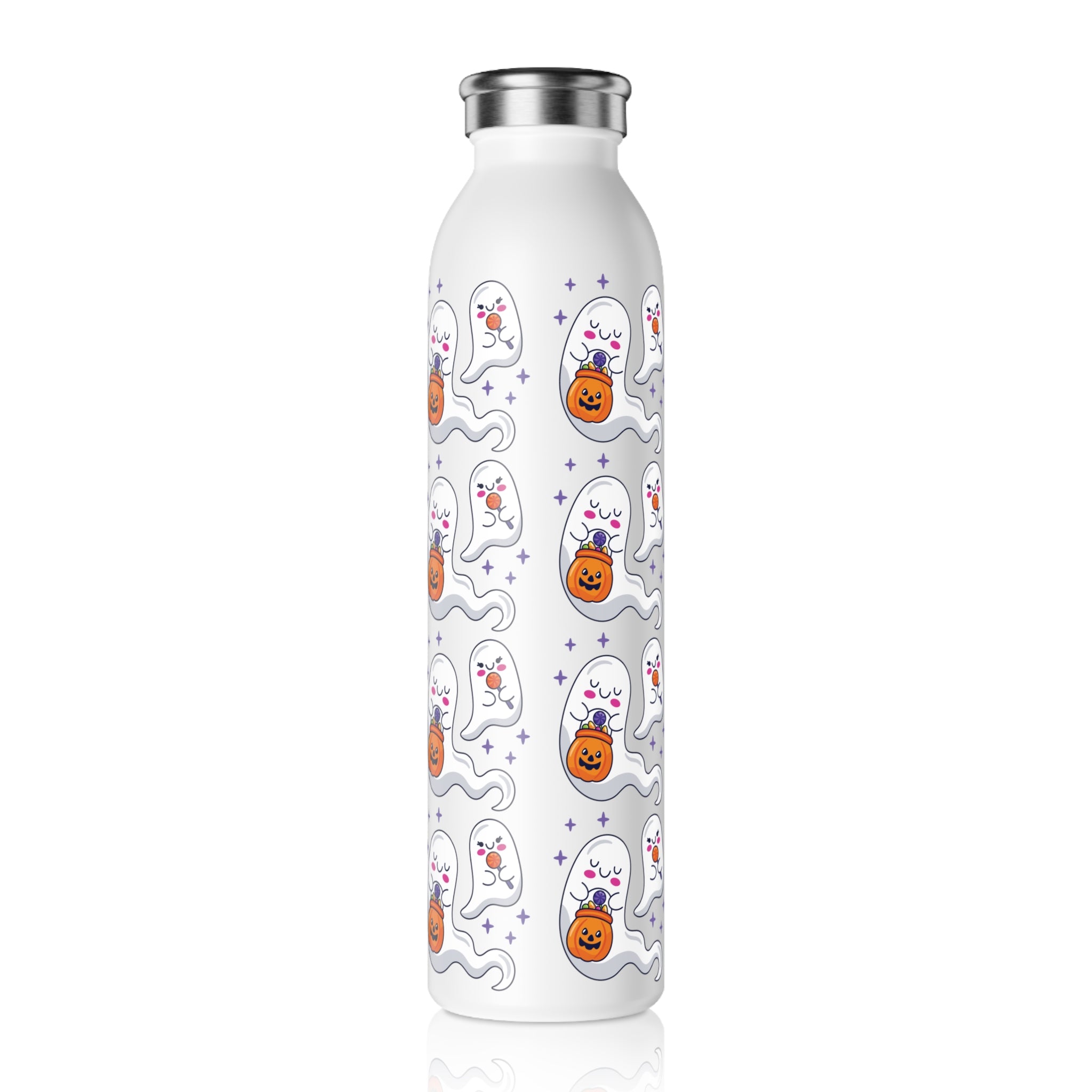Halloween Ghost Holding Treats Slim Water Bottle