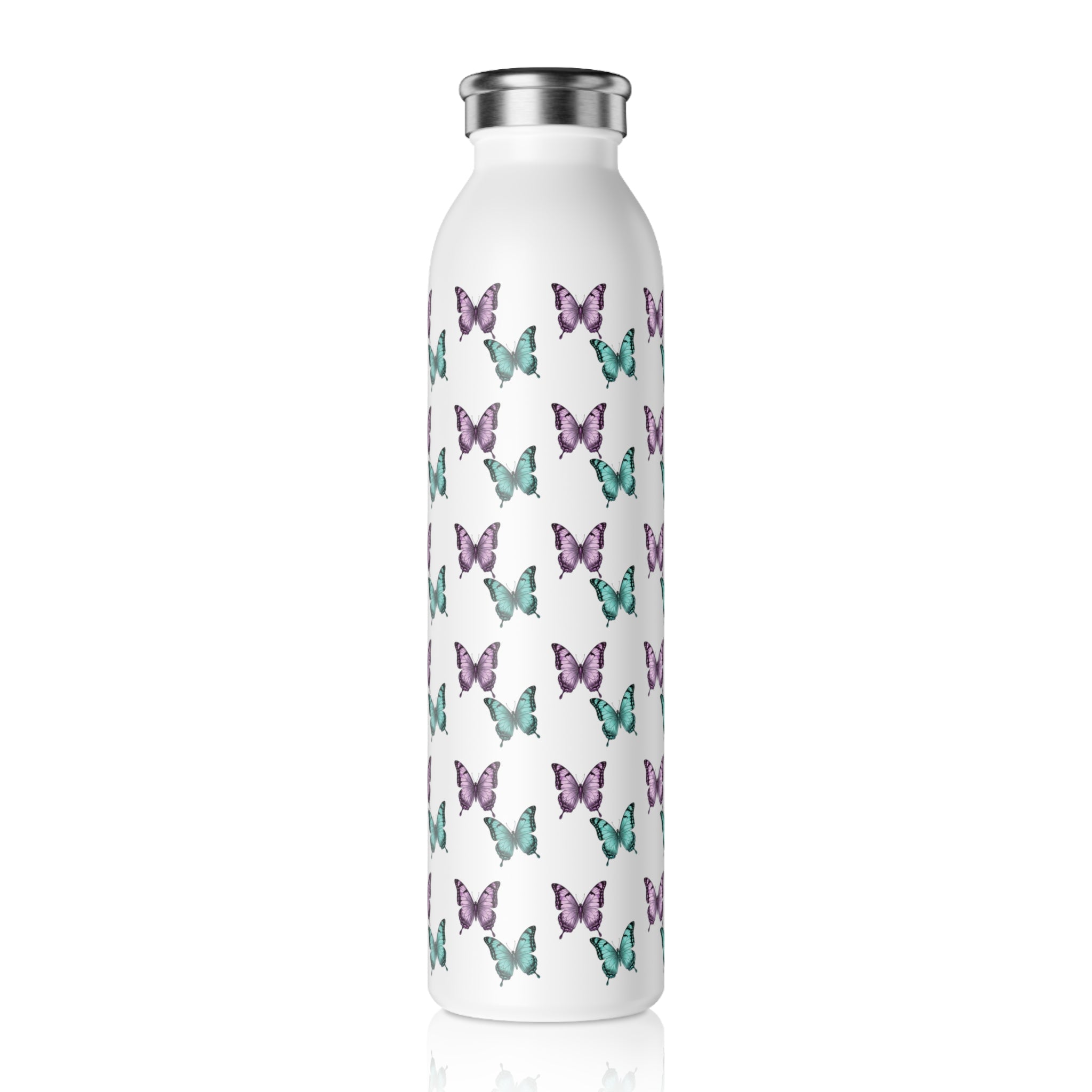 Butterfly Pattern Slim Water Bottle — Purple & Turquoise Reusable Bottle