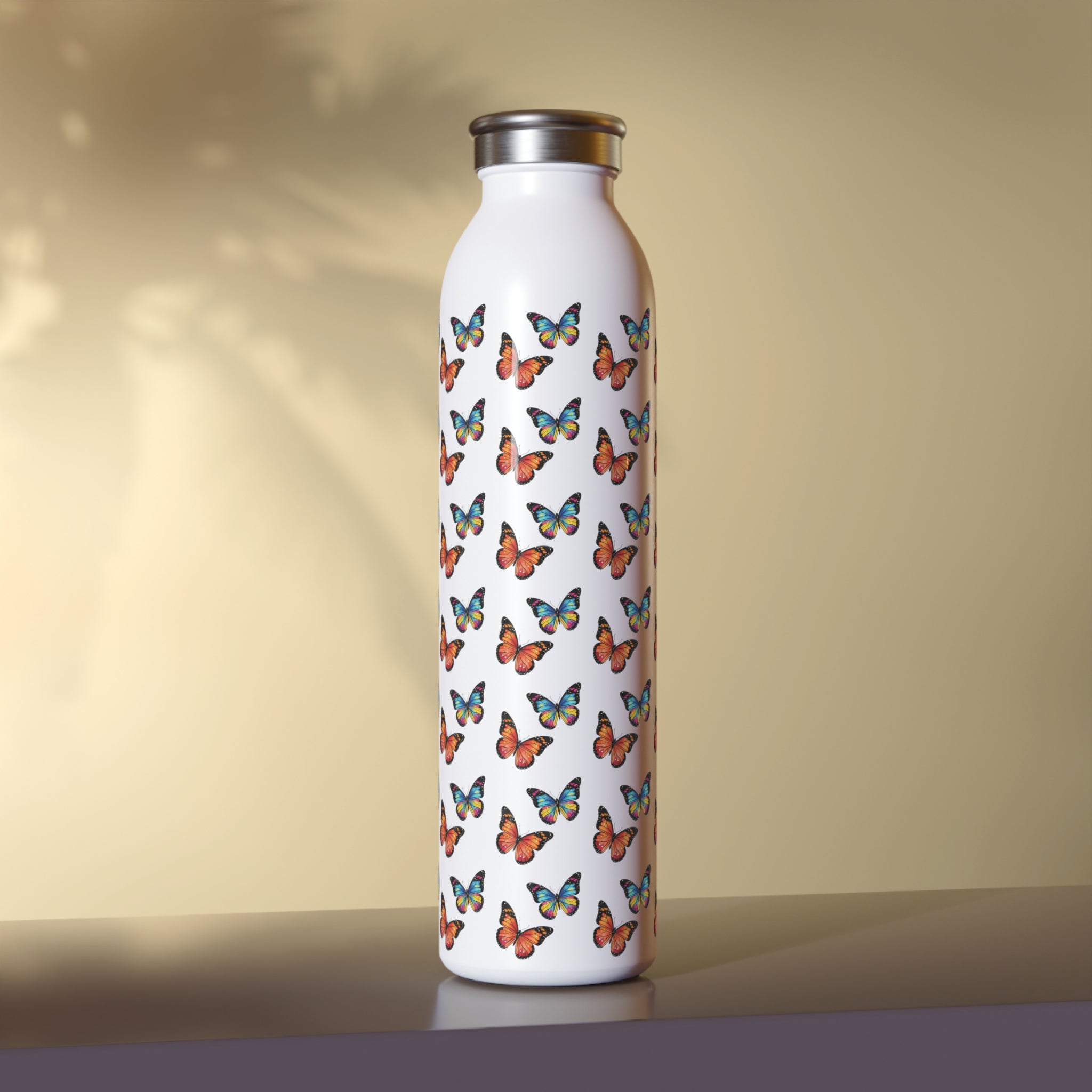 Butterfly Pattern Slim Water Bottle — Colorful Sunset Butterflies Lightweight Stainless Steel Bottle