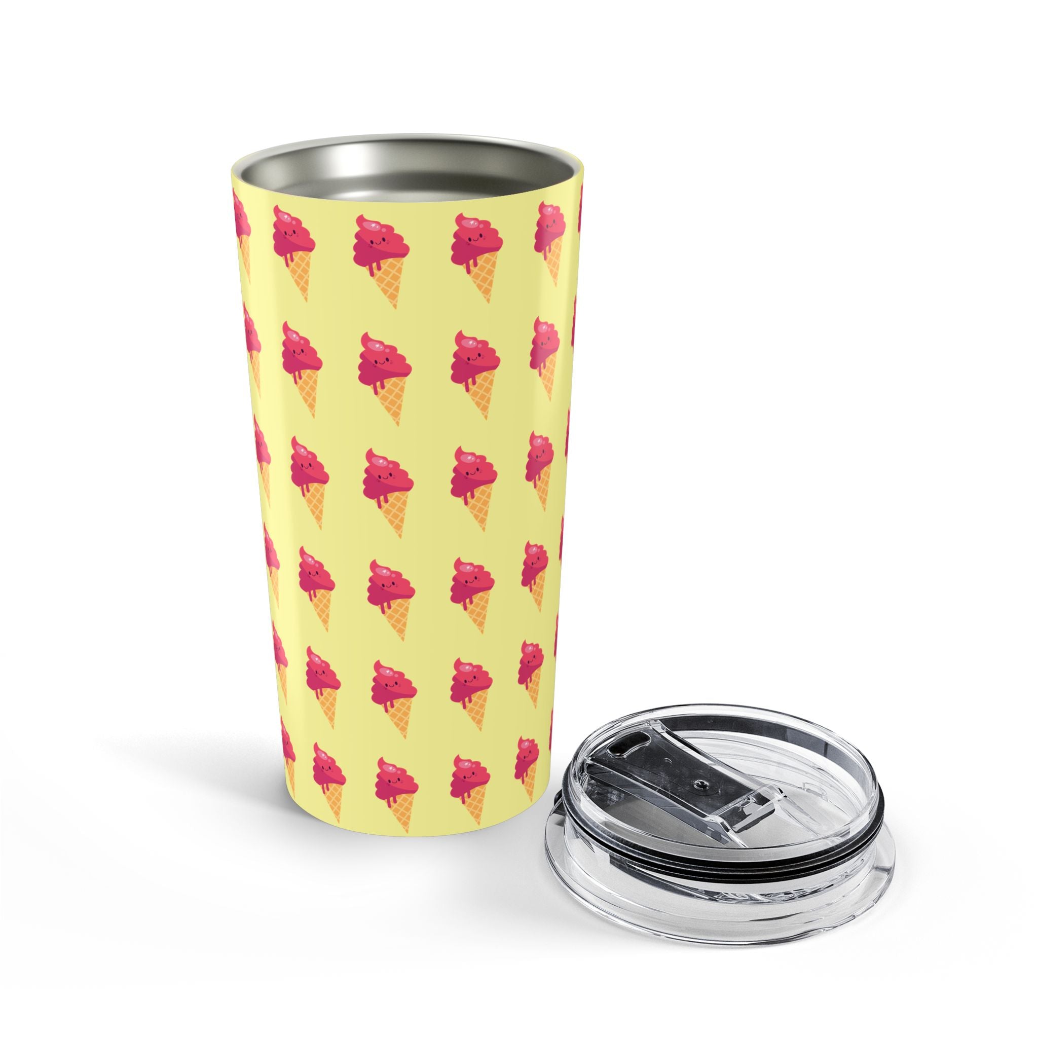Pink Ice Cream Cone Tumbler – Pink Summer Scoop Pattern Stainless Travel Cup - Butter Yellow Background