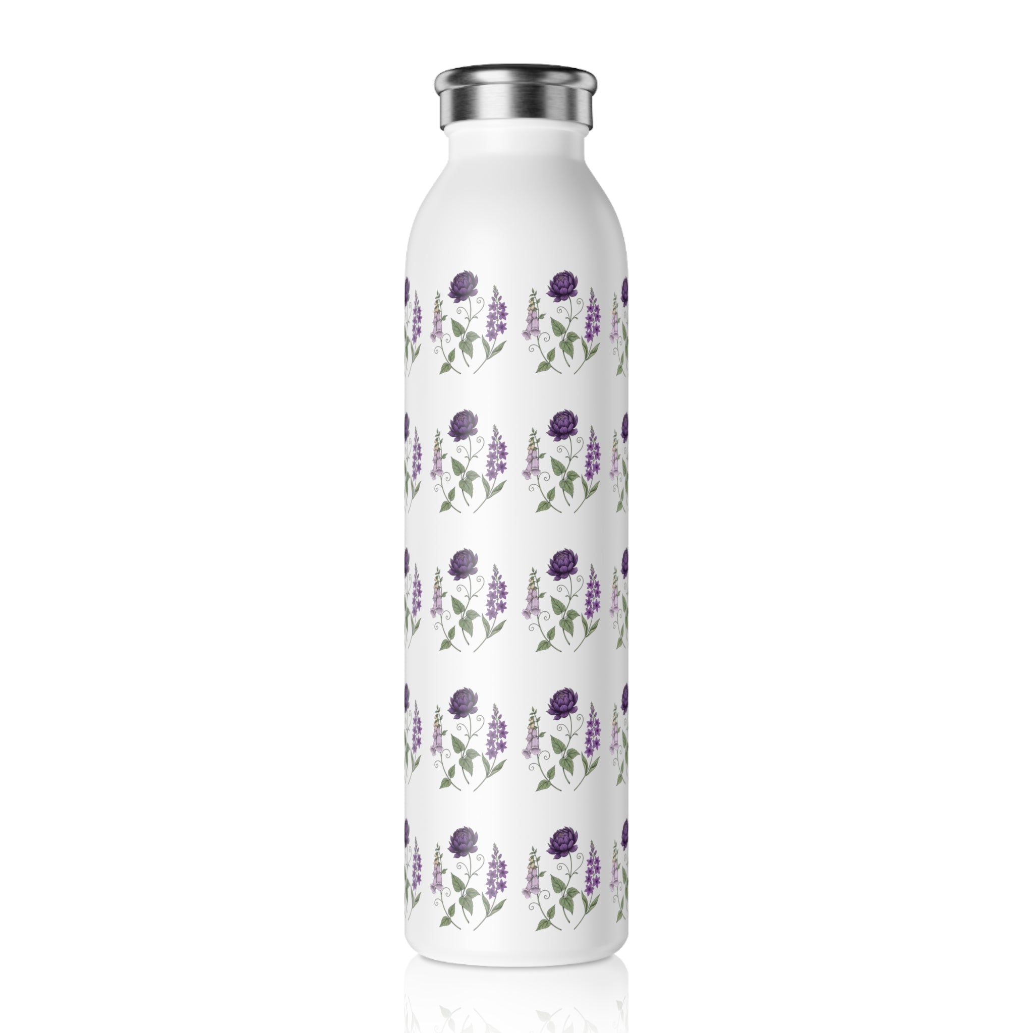 Purple Flowers Slim Water Bottle — Vintage Floral Pattern Insulated Bottle