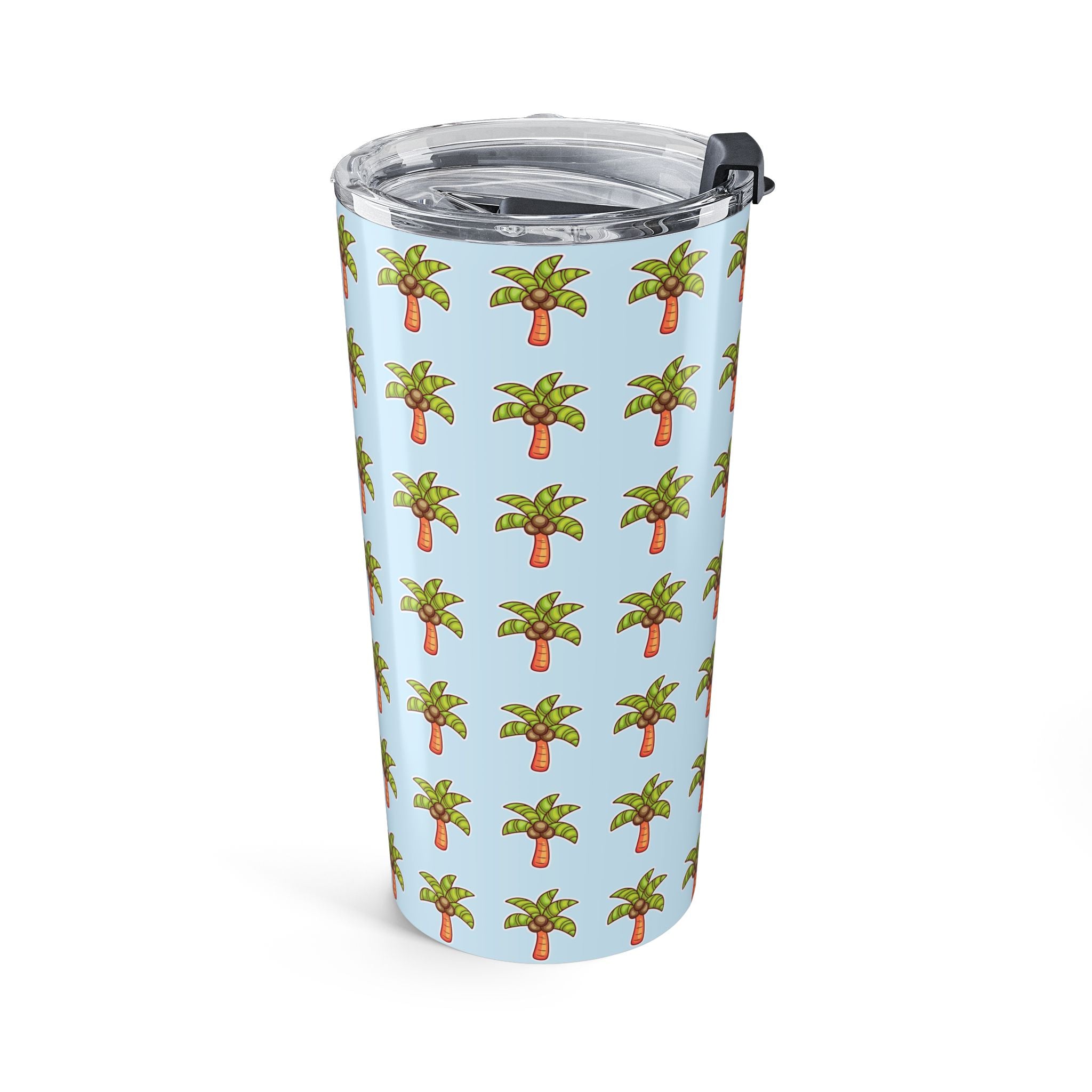 Palm Tree Pattern Tumbler — Tropical Travel Coffee Cup - Light Blue