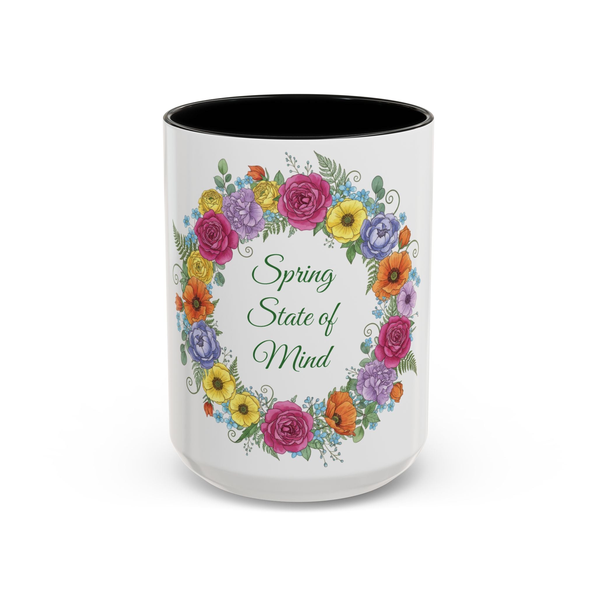 ''Spring State of Mind'' Coffee Mug — Floral Wreath Accent Cup 11/15oz