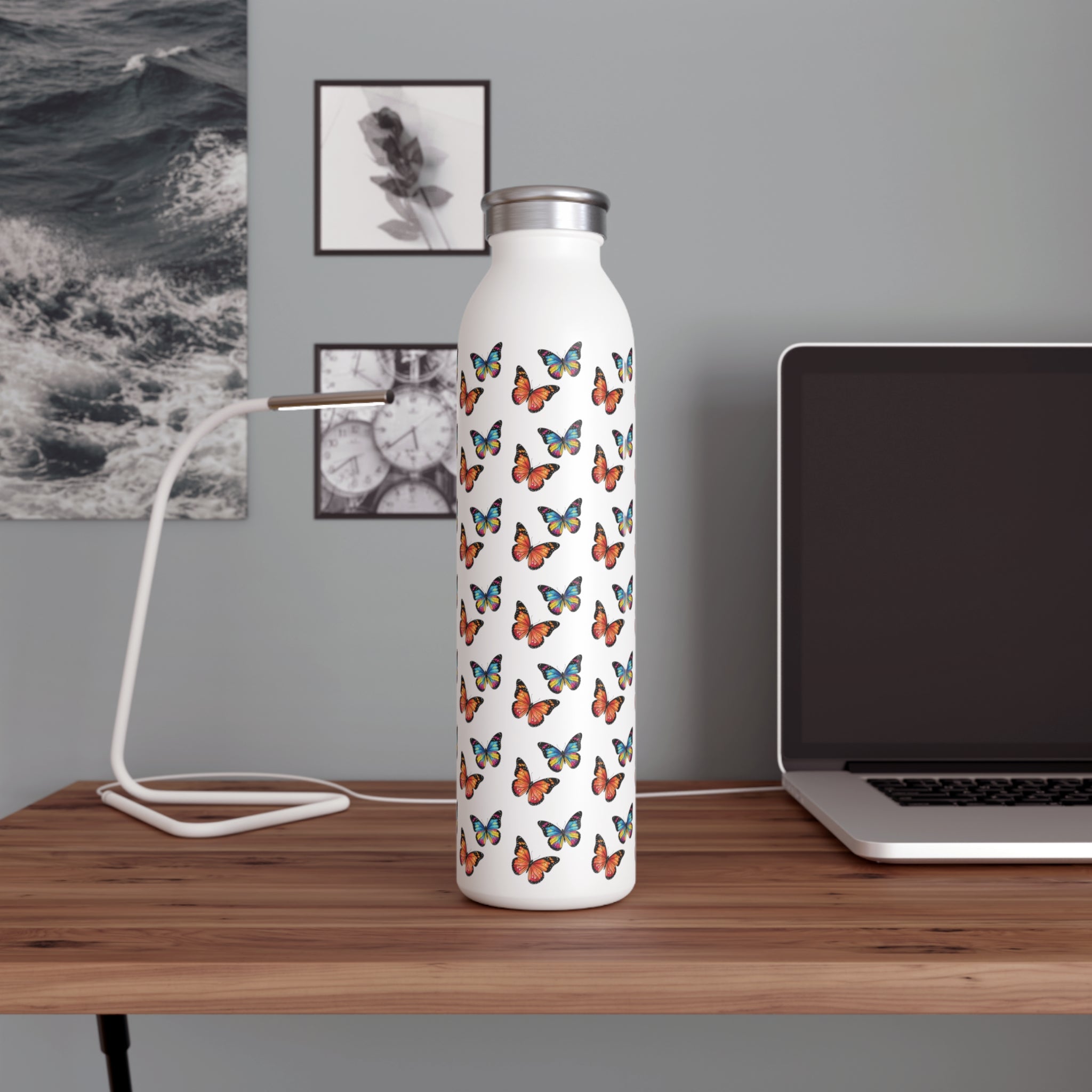 Butterfly Pattern Slim Water Bottle — Colorful Sunset Butterflies Lightweight Stainless Steel Bottle