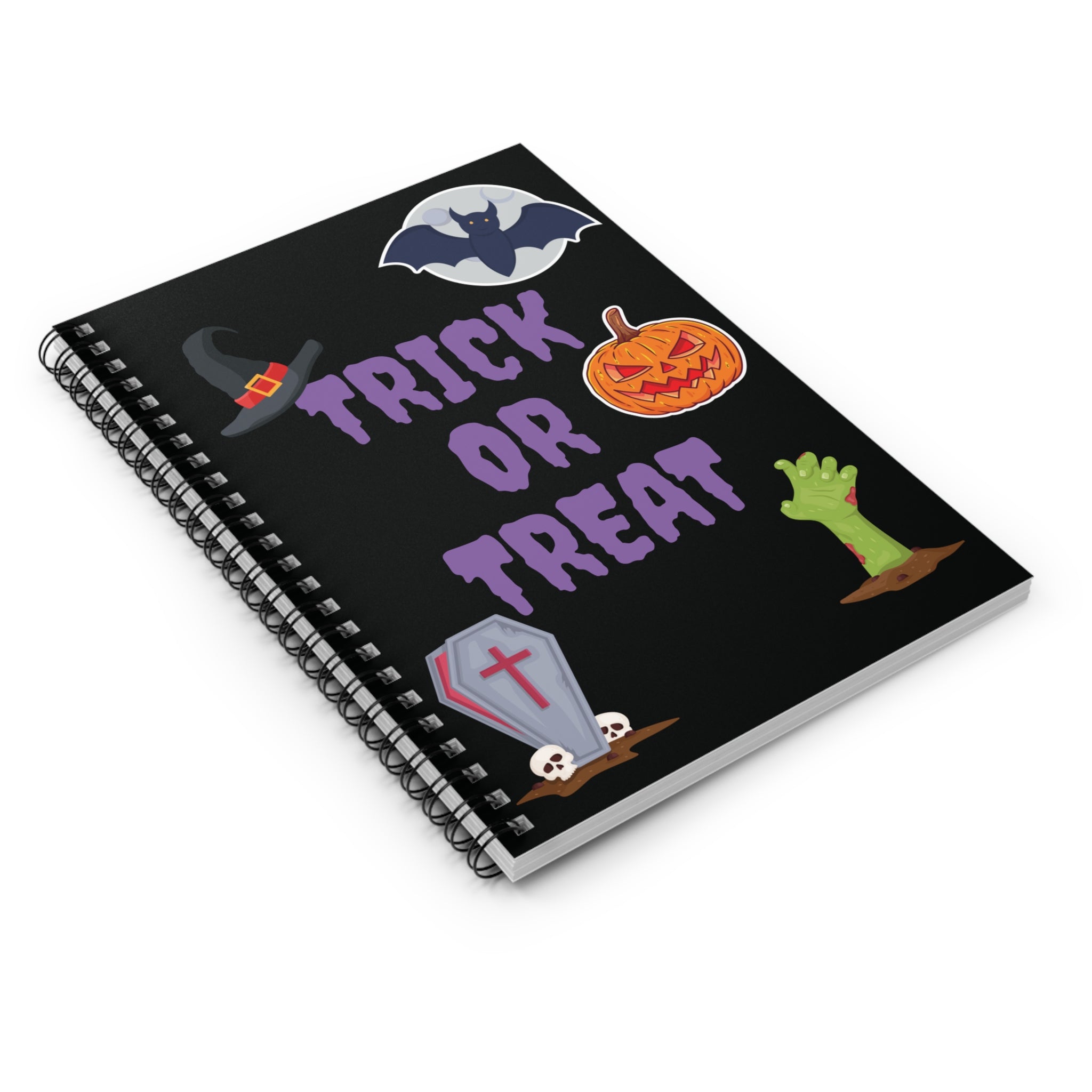 Trick or Treat Spiral Notebook - Ruled Line - Black (Purple Letters)