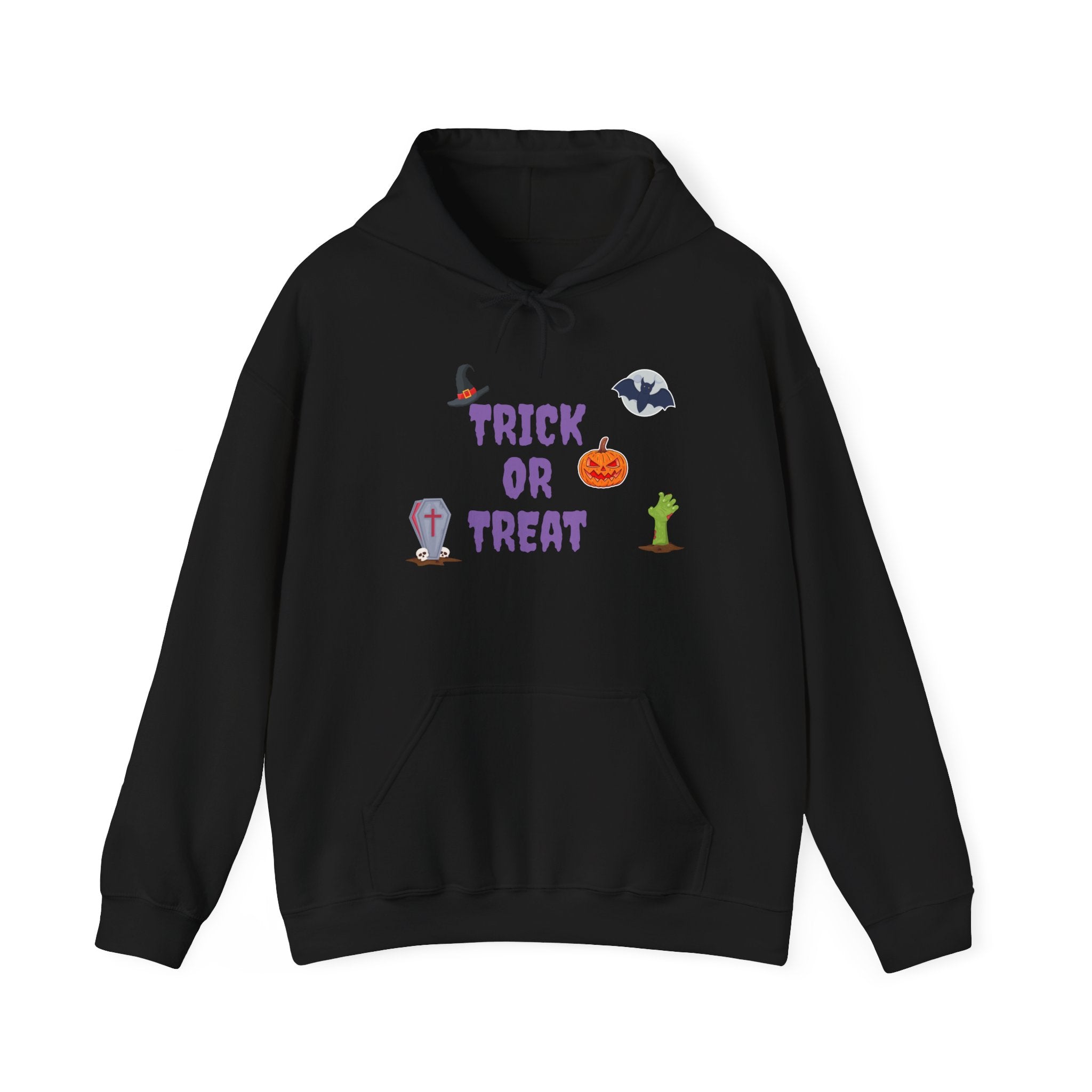 Trick or Treat Unisex Heavy Blend™ Hooded Sweatshirt White & Black (Purple Letters)