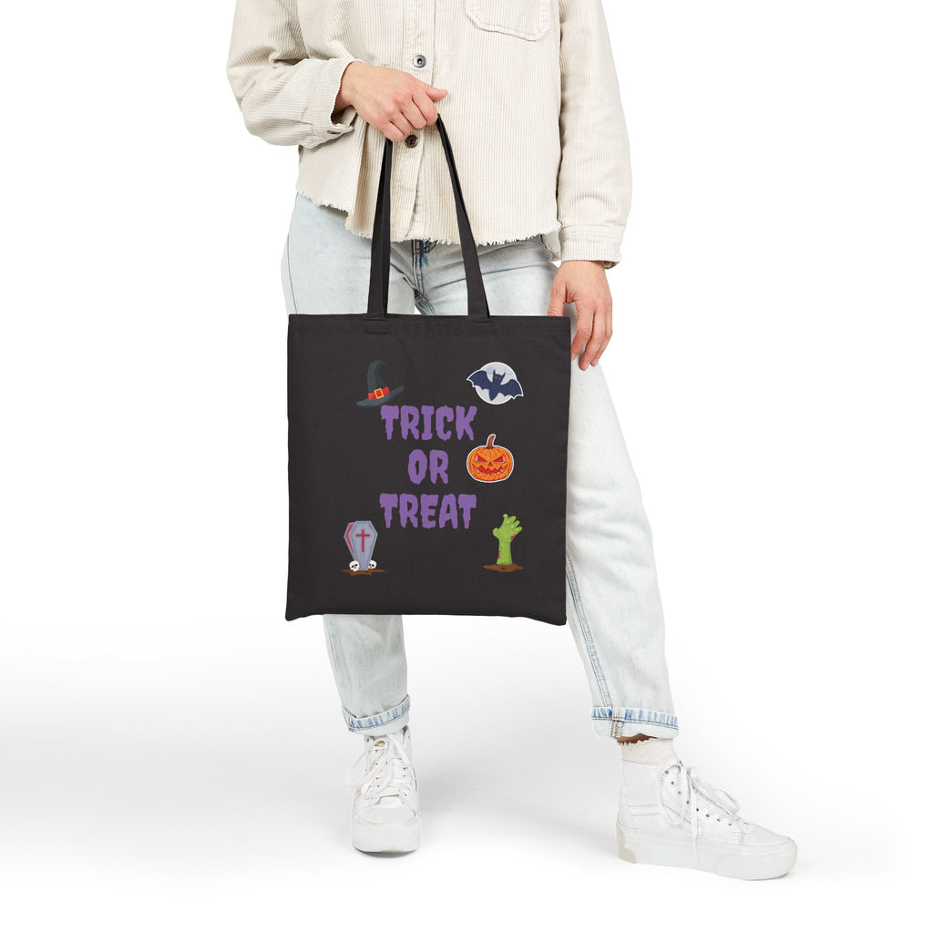 Trick or Treat Cotton Canvas Tote Bag Natural & Black (Purple Letters)