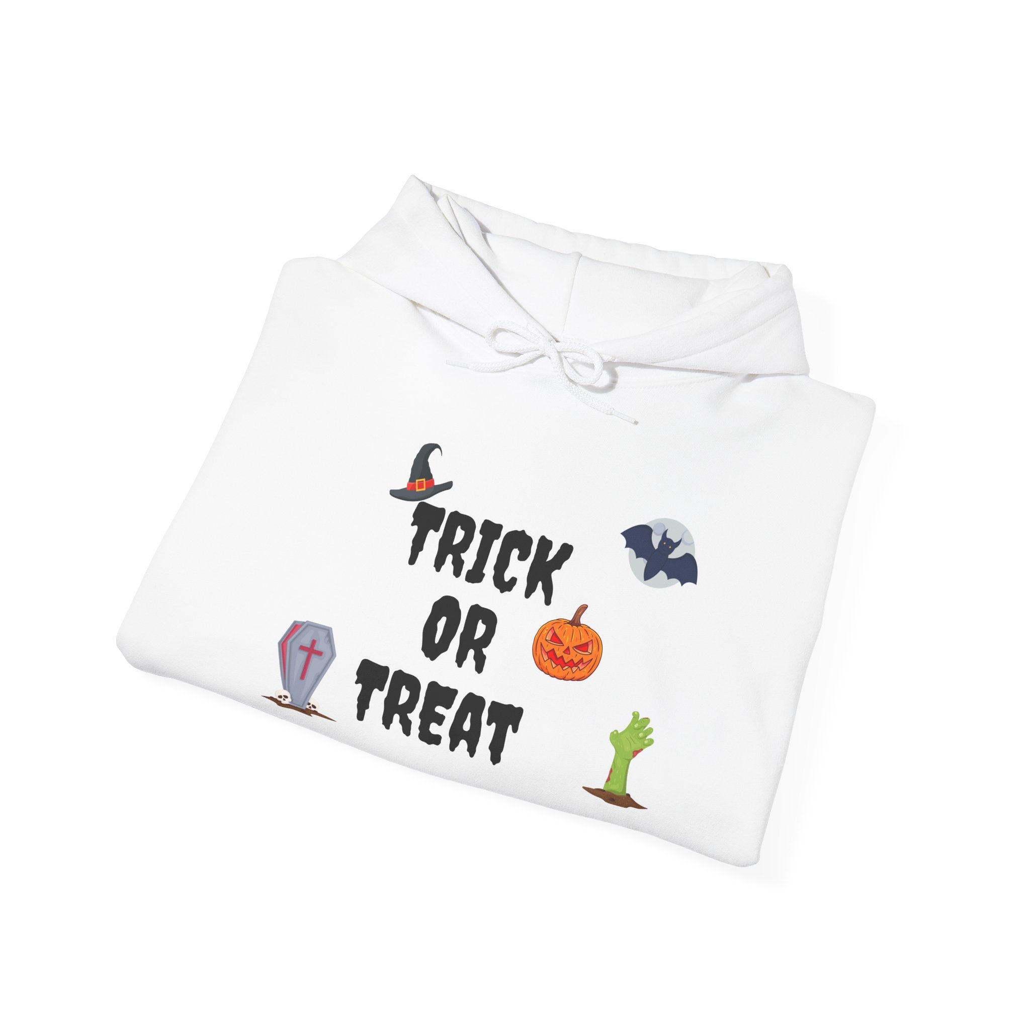 Trick or Treat Unisex Heavy Blend™ Hooded Sweatshirt White & Black (Purple Letters)