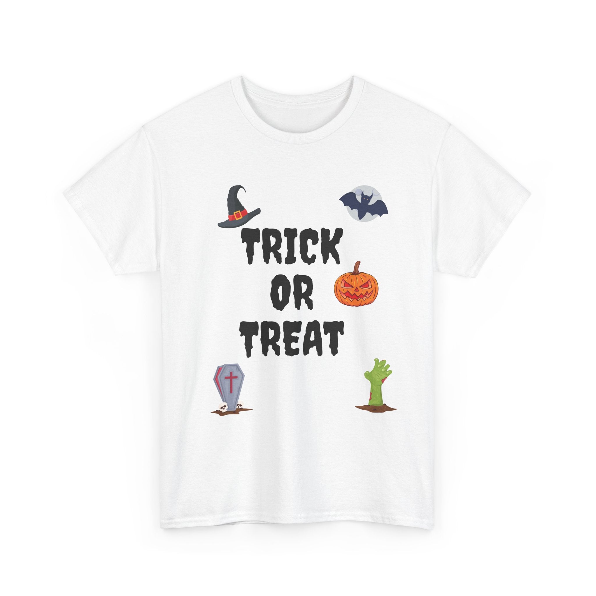Trick or Treat Unisex Heavy Cotton Tee White & Black (Purple Letters)
